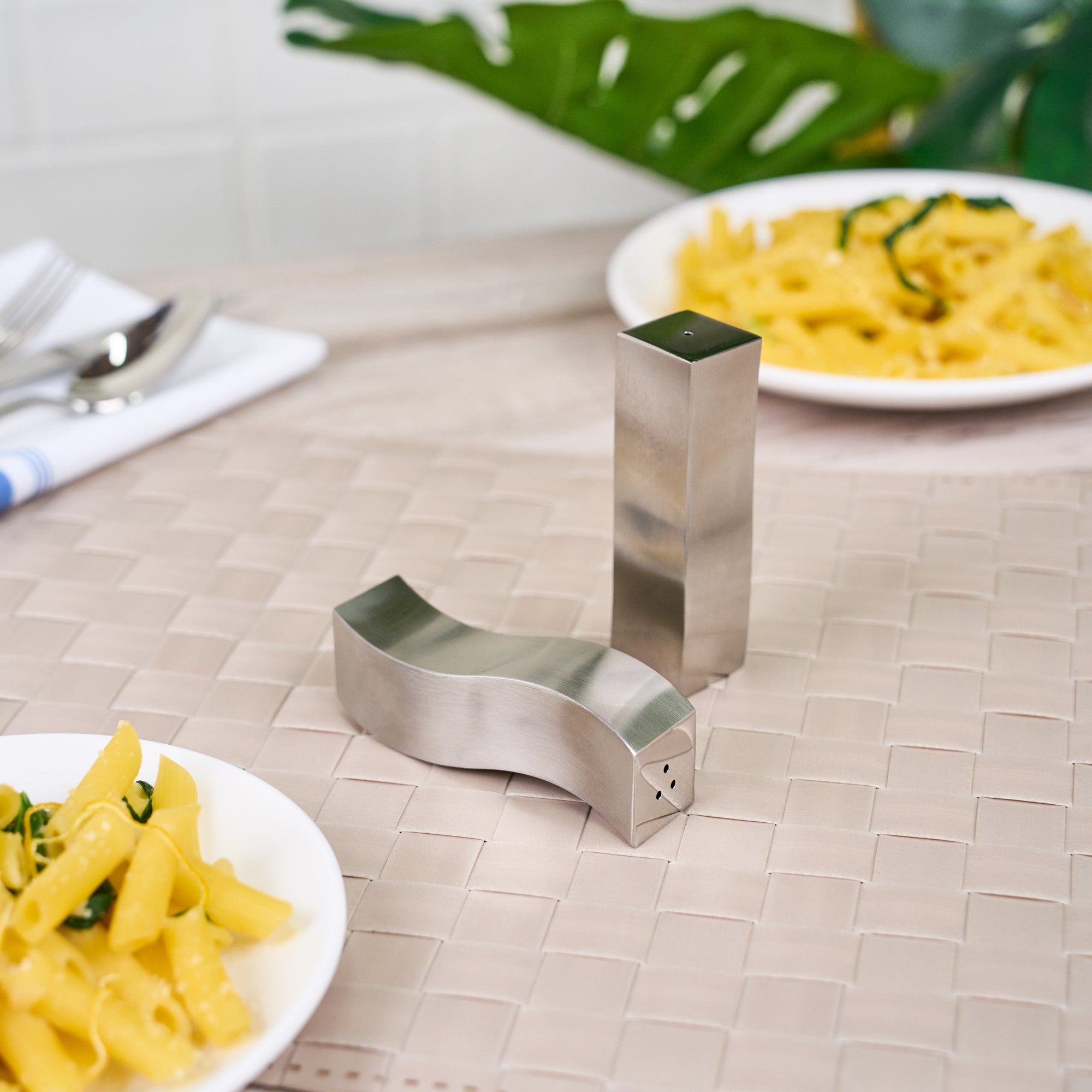 Chef 101 2 oz Silver Stainless Steel Wavy Salt And Pepper Shaker Set - 1" x 1" x 3 3/4" - 1 count box