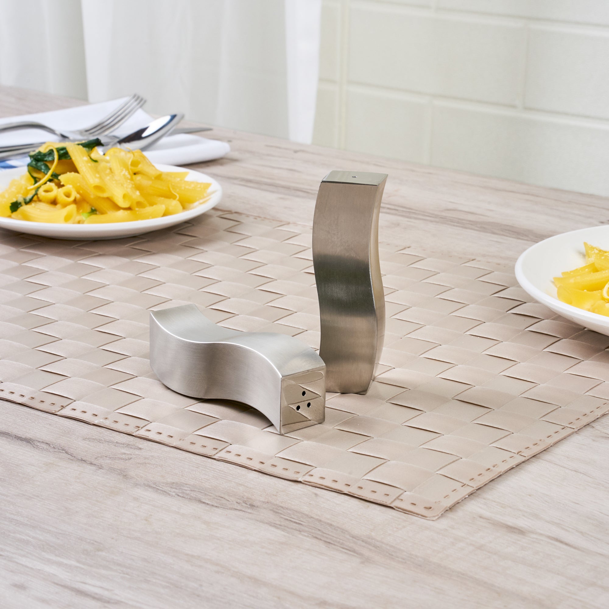 Chef 101 2 oz Silver Stainless Steel Wavy Salt And Pepper Shaker Set - 1" x 1" x 3 3/4" - 1 count box