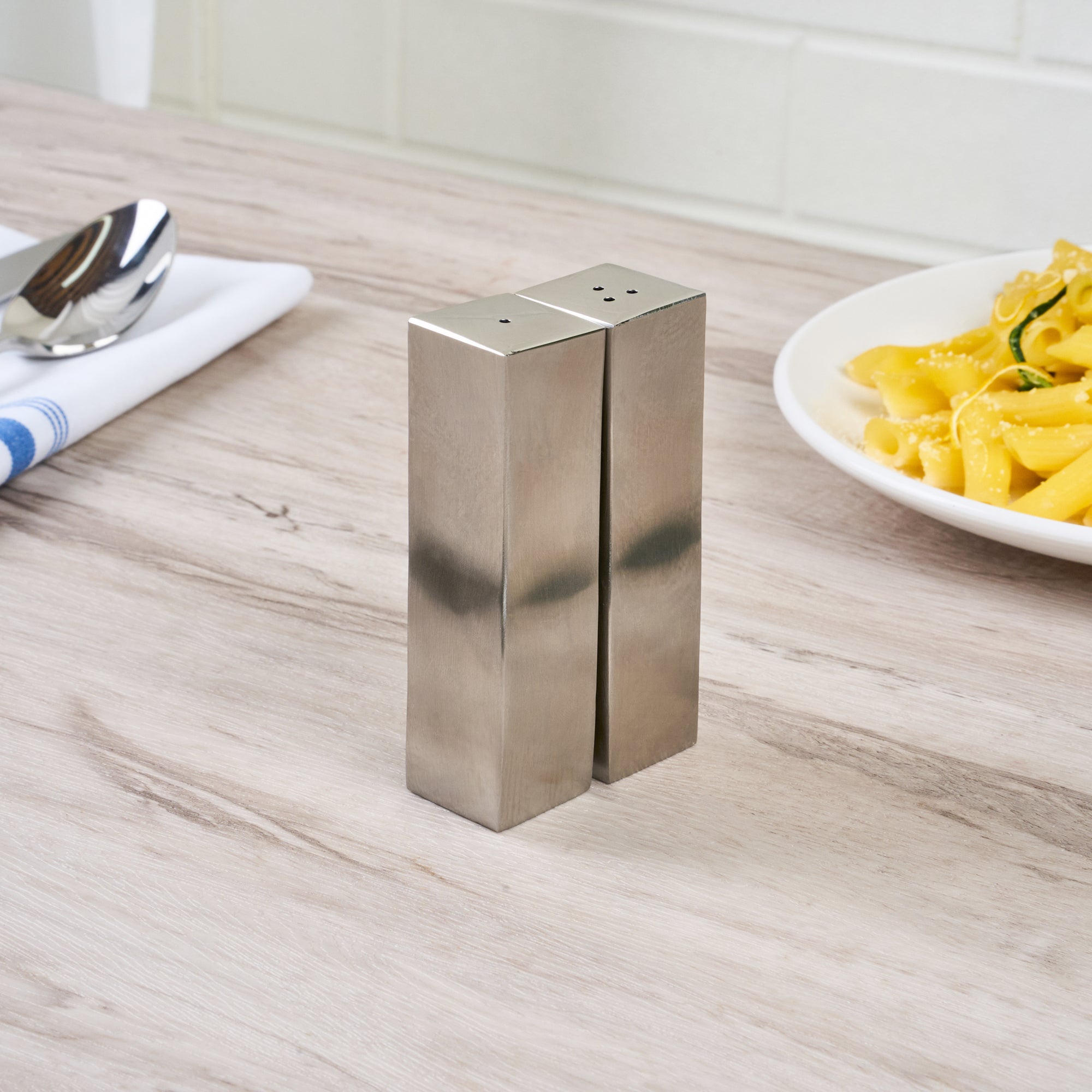 Chef 101 2 oz Silver Stainless Steel Wavy Salt And Pepper Shaker Set - 1" x 1" x 3 3/4" - 1 count box