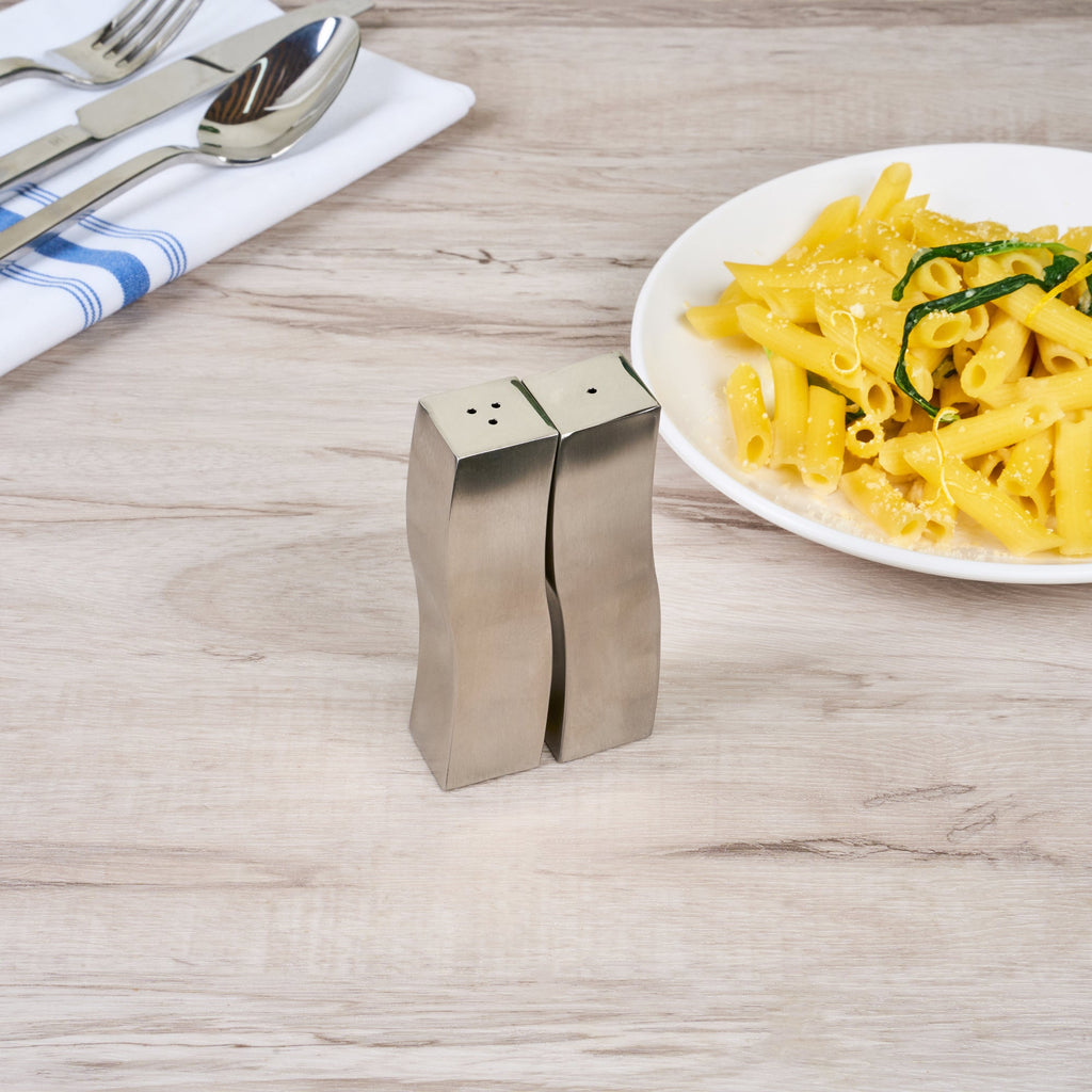 Chef 101 2 oz Silver Stainless Steel Wavy Salt And Pepper Shaker Set - 1" x 1" x 3 3/4" - 1 count box