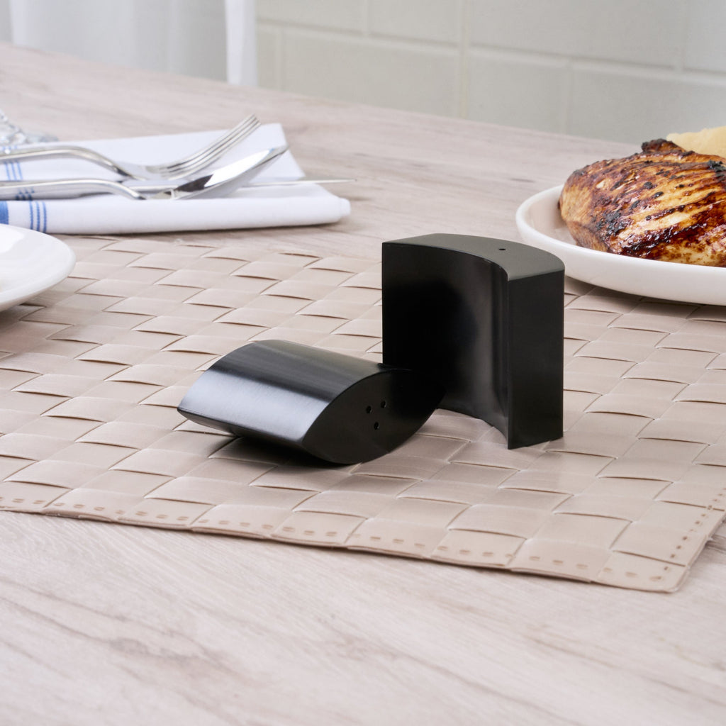 Chef 101 4 oz Black Stainless Steel Embracing Salt And Pepper Shaker Set - 2.3 oz/2.1 oz - 2 1/2" x 2" x 1 3/4" - 1 count box