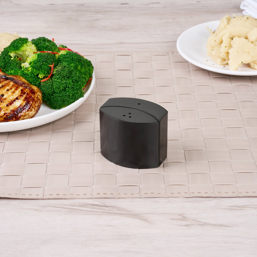 Chef 101 4 oz Black Stainless Steel Embracing Salt And Pepper Shaker Set - 2.3 oz/2.1 oz - 2 1/2" x 2" x 1 3/4" - 1 count box
