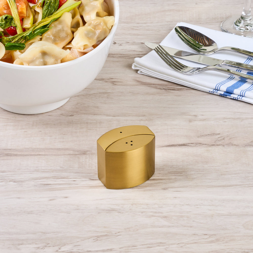 Chef 101 4 oz Gold Stainless Steel Embracing Salt And Pepper Shaker Set - 2.3 oz/2.1 oz - 2 1/2" x 2" x 1 3/4" - 1 count box