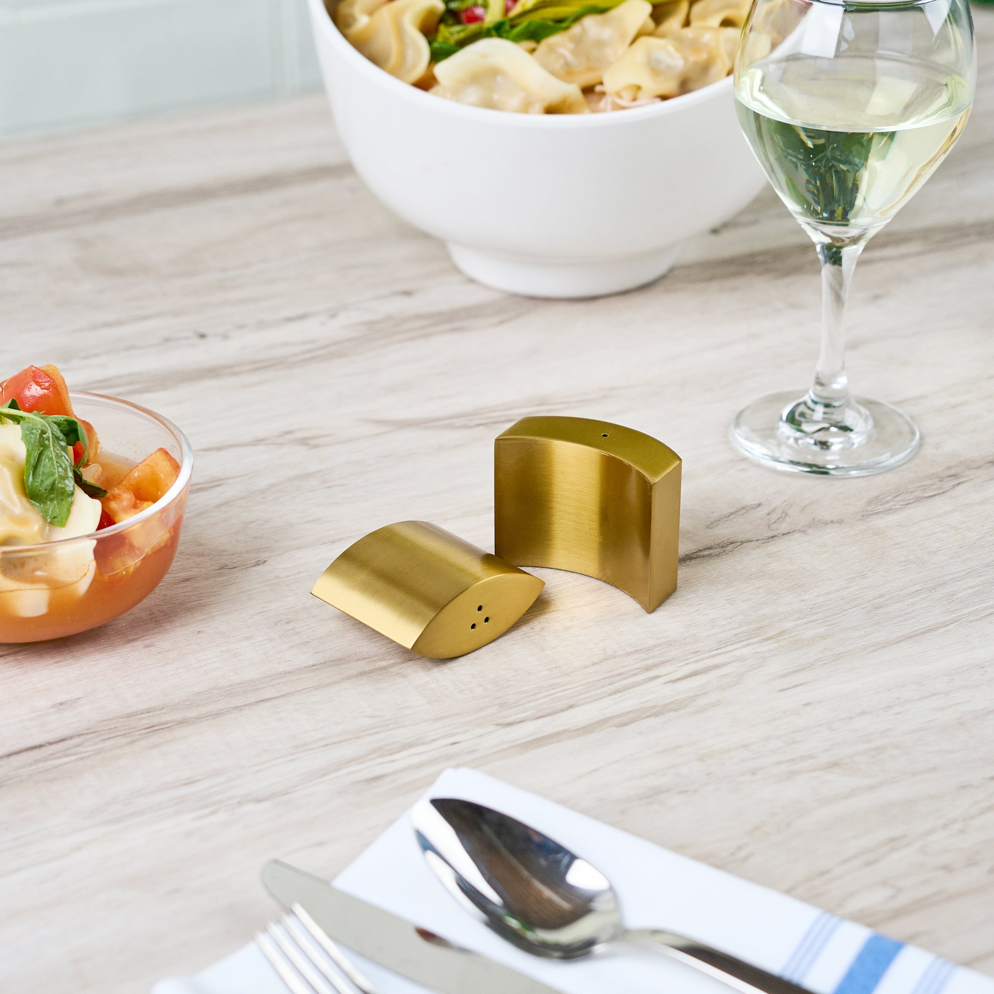 Chef 101 4 oz Gold Stainless Steel Embracing Salt And Pepper Shaker Set - 2.3 oz/2.1 oz - 2 1/2" x 2" x 1 3/4" - 1 count box