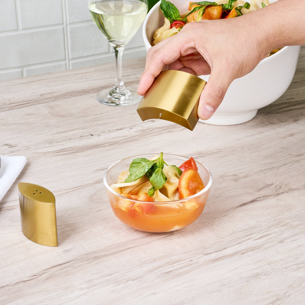 Chef 101 4 oz Gold Stainless Steel Embracing Salt And Pepper Shaker Set - 2.3 oz/2.1 oz - 2 1/2" x 2" x 1 3/4" - 1 count box