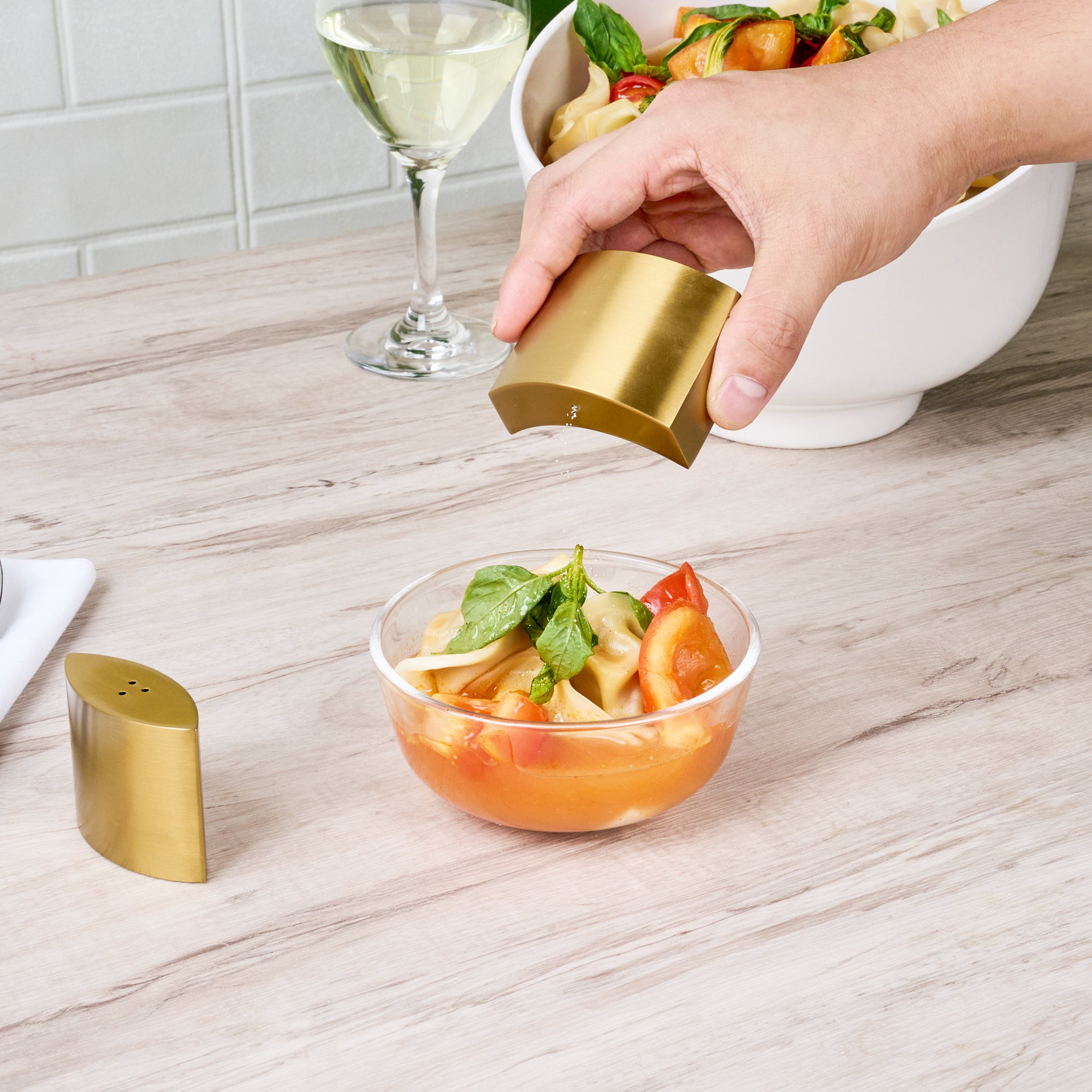 Chef 101 4 oz Gold Stainless Steel Embracing Salt And Pepper Shaker Set - 2.3 oz/2.1 oz - 2 1/2" x 2" x 1 3/4" - 1 count box