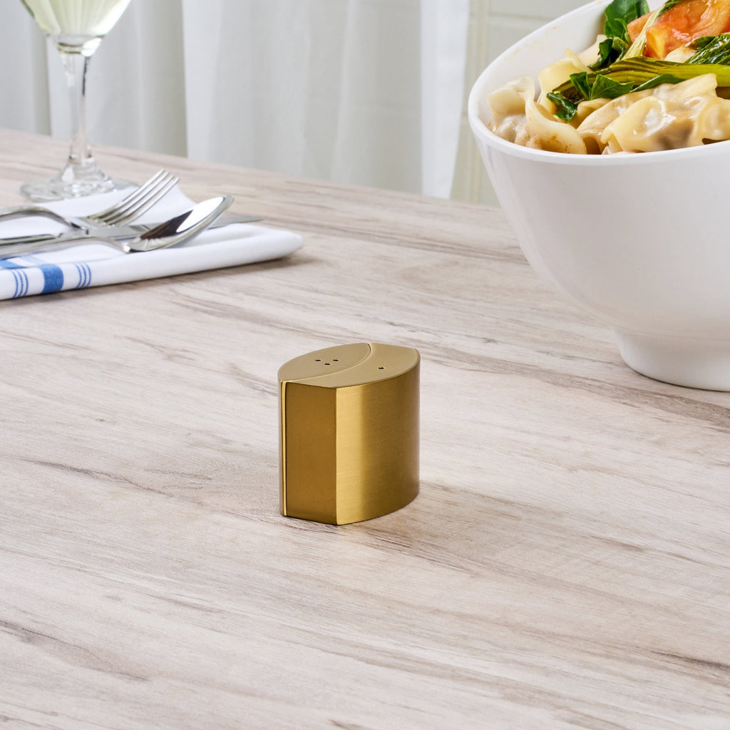 Chef 101 4 oz Gold Stainless Steel Embracing Salt And Pepper Shaker Set - 2.3 oz/2.1 oz - 2 1/2" x 2" x 1 3/4" - 1 count box