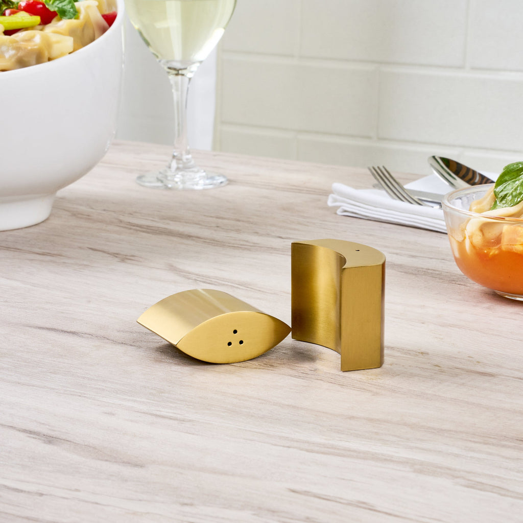 Chef 101 4 oz Gold Stainless Steel Embracing Salt And Pepper Shaker Set - 2.3 oz/2.1 oz - 2 1/2" x 2" x 1 3/4" - 1 count box