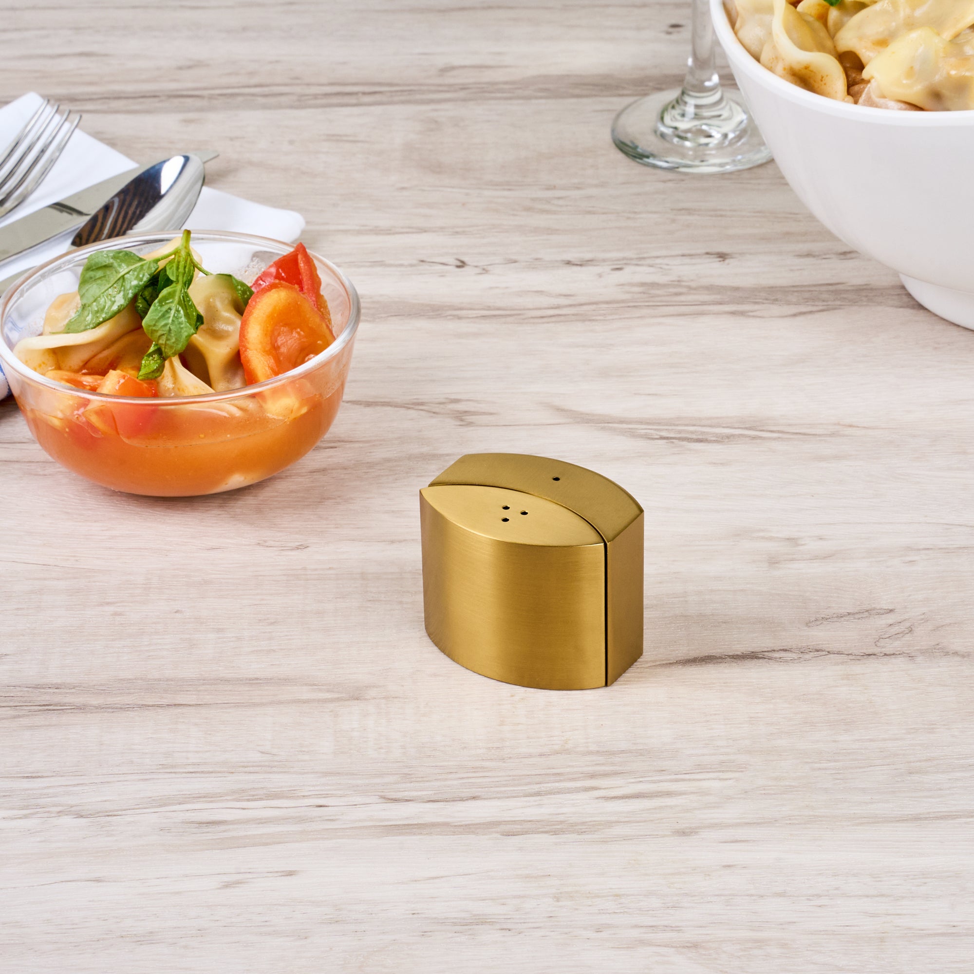 Chef 101 4 oz Gold Stainless Steel Embracing Salt And Pepper Shaker Set - 2.3 oz/2.1 oz - 2 1/2" x 2" x 1 3/4" - 1 count box