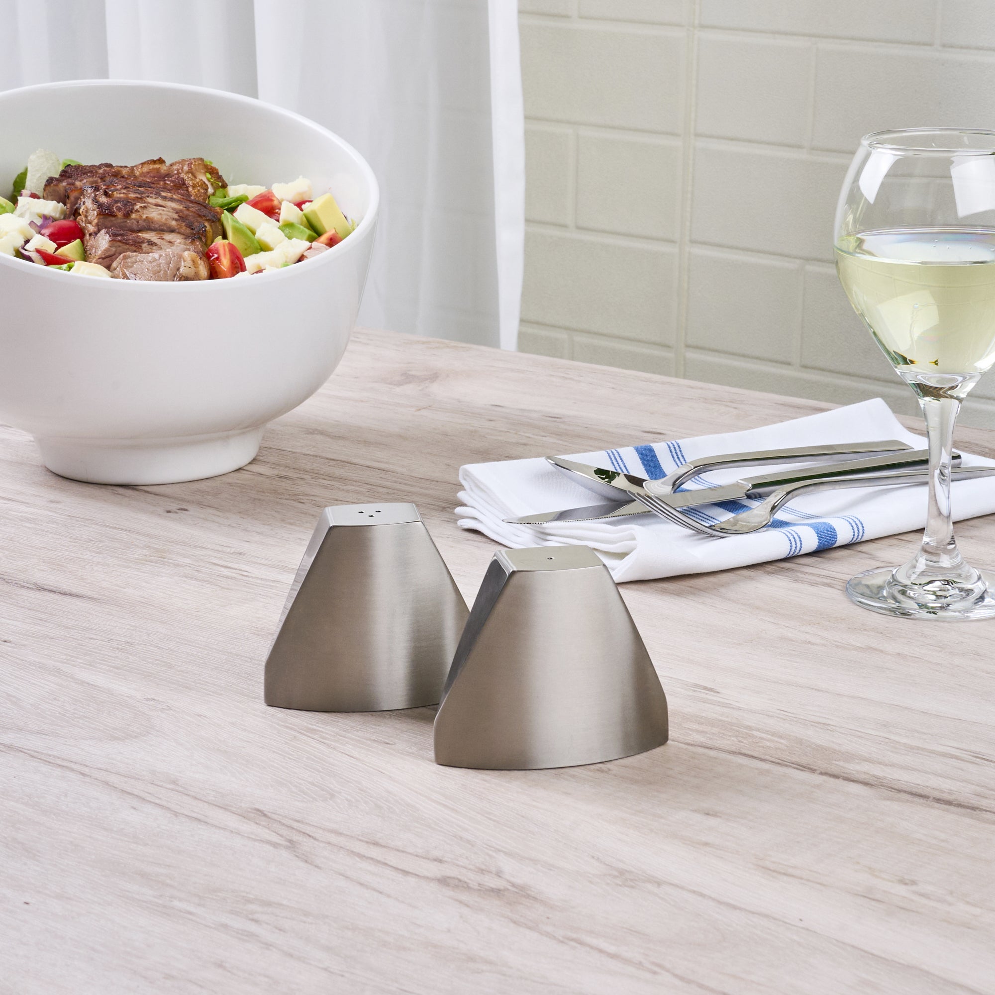 Chef 101 3 oz Silver Stainless Steel Wedge Salt And Pepper Shaker Set - 3 1/4" x 1" x 2 3/4"