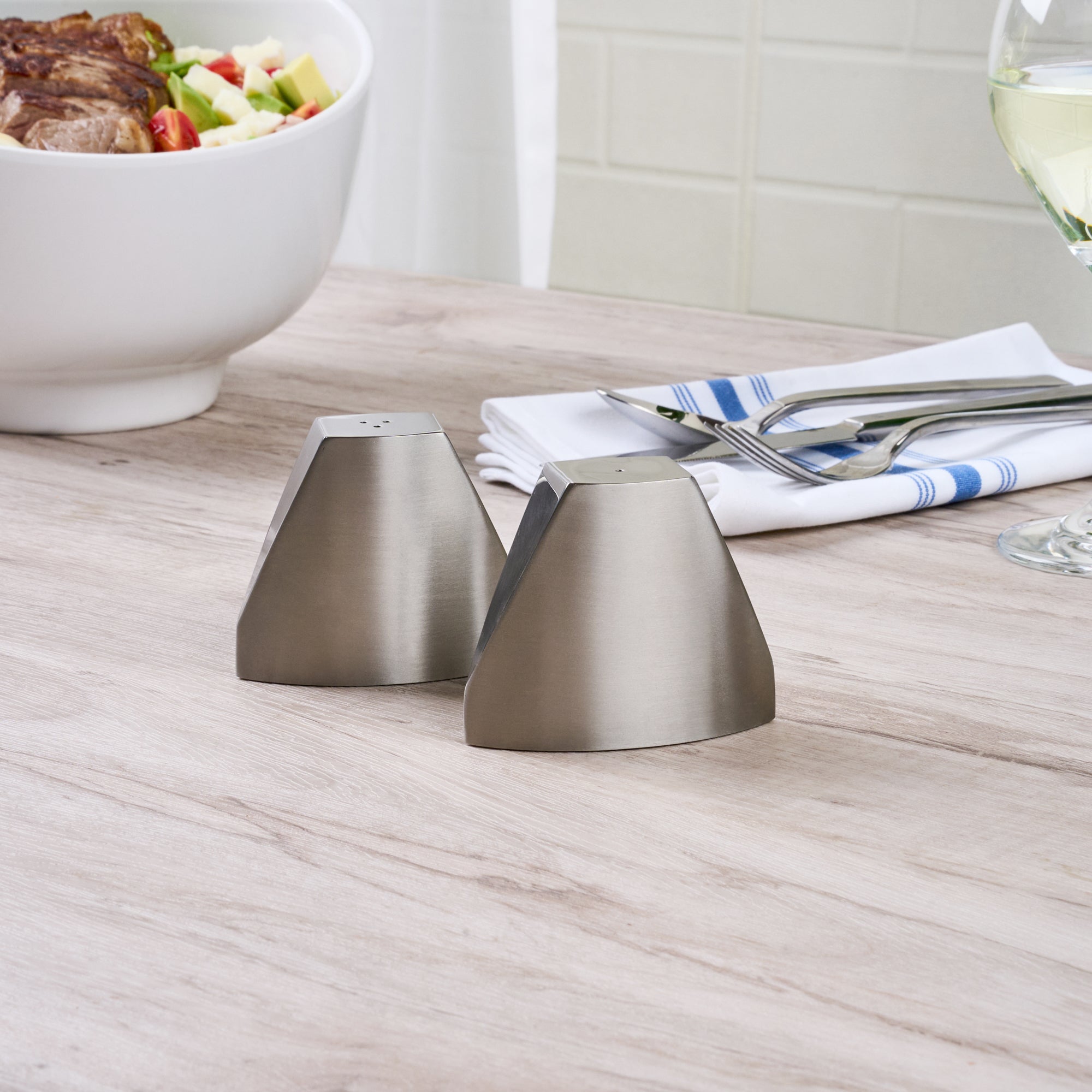 Chef 101 3 oz Silver Stainless Steel Wedge Salt And Pepper Shaker Set - 3 1/4" x 1" x 2 3/4"