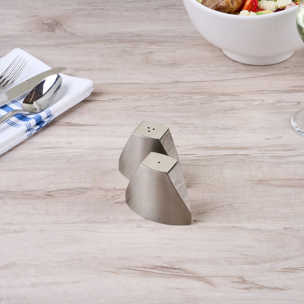 Chef 101 3 oz Silver Stainless Steel Wedge Salt And Pepper Shaker Set - 3 1/4" x 1" x 2 3/4"