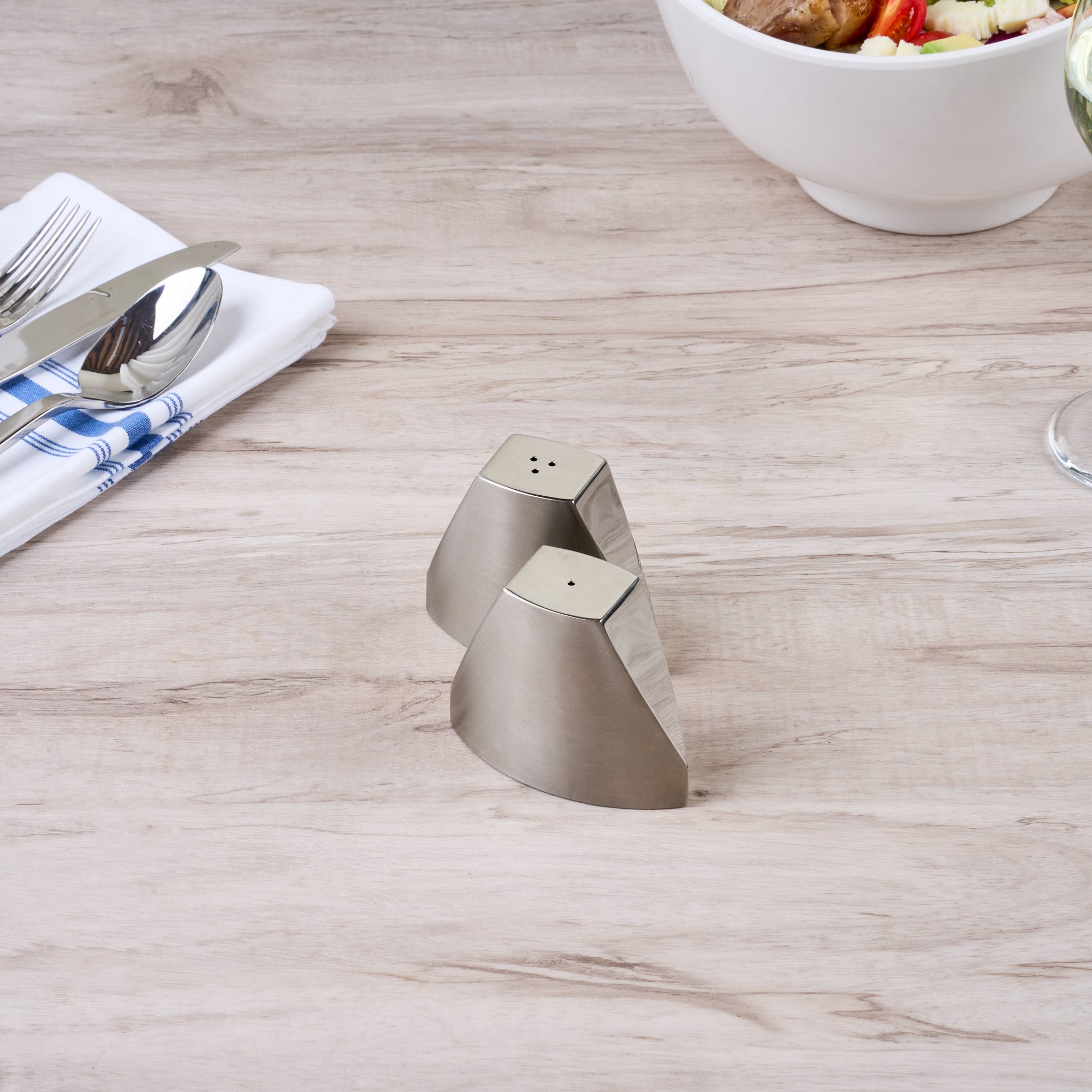 Chef 101 3 oz Silver Stainless Steel Wedge Salt And Pepper Shaker Set - 3 1/4" x 1" x 2 3/4"