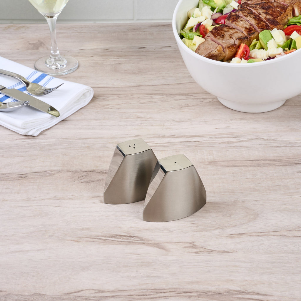 Chef 101 3 oz Silver Stainless Steel Wedge Salt And Pepper Shaker Set - 3 1/4" x 1" x 2 3/4"