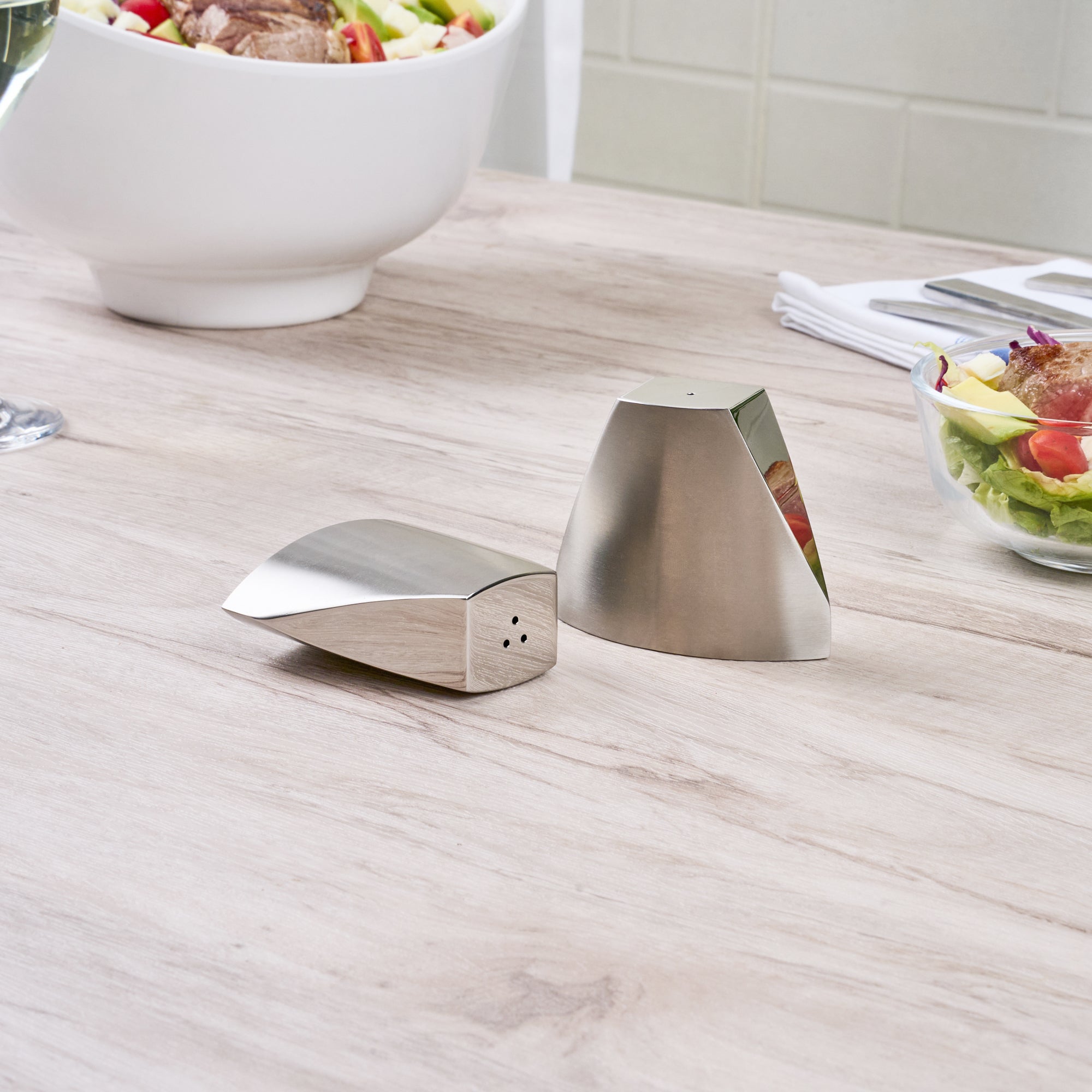 Chef 101 3 oz Silver Stainless Steel Wedge Salt And Pepper Shaker Set - 3 1/4" x 1" x 2 3/4"