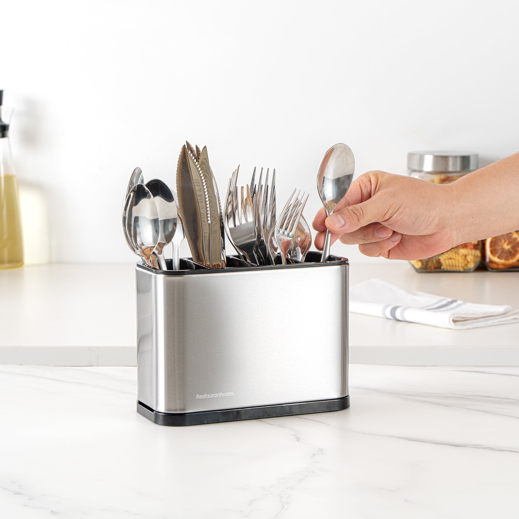 Met Lux Stainless Steel Flatware Organizer / Sink Caddy - 4 Compartments, with Drip Tray - 7" x 3 1/2" x 5" - 1 count box
