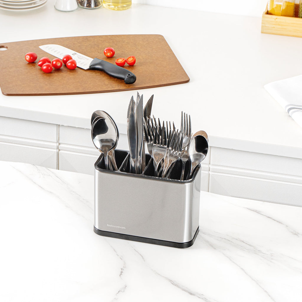 Met Lux Stainless Steel Flatware Organizer / Sink Caddy - 4 Compartments, with Drip Tray - 7" x 3 1/2" x 5" - 1 count box