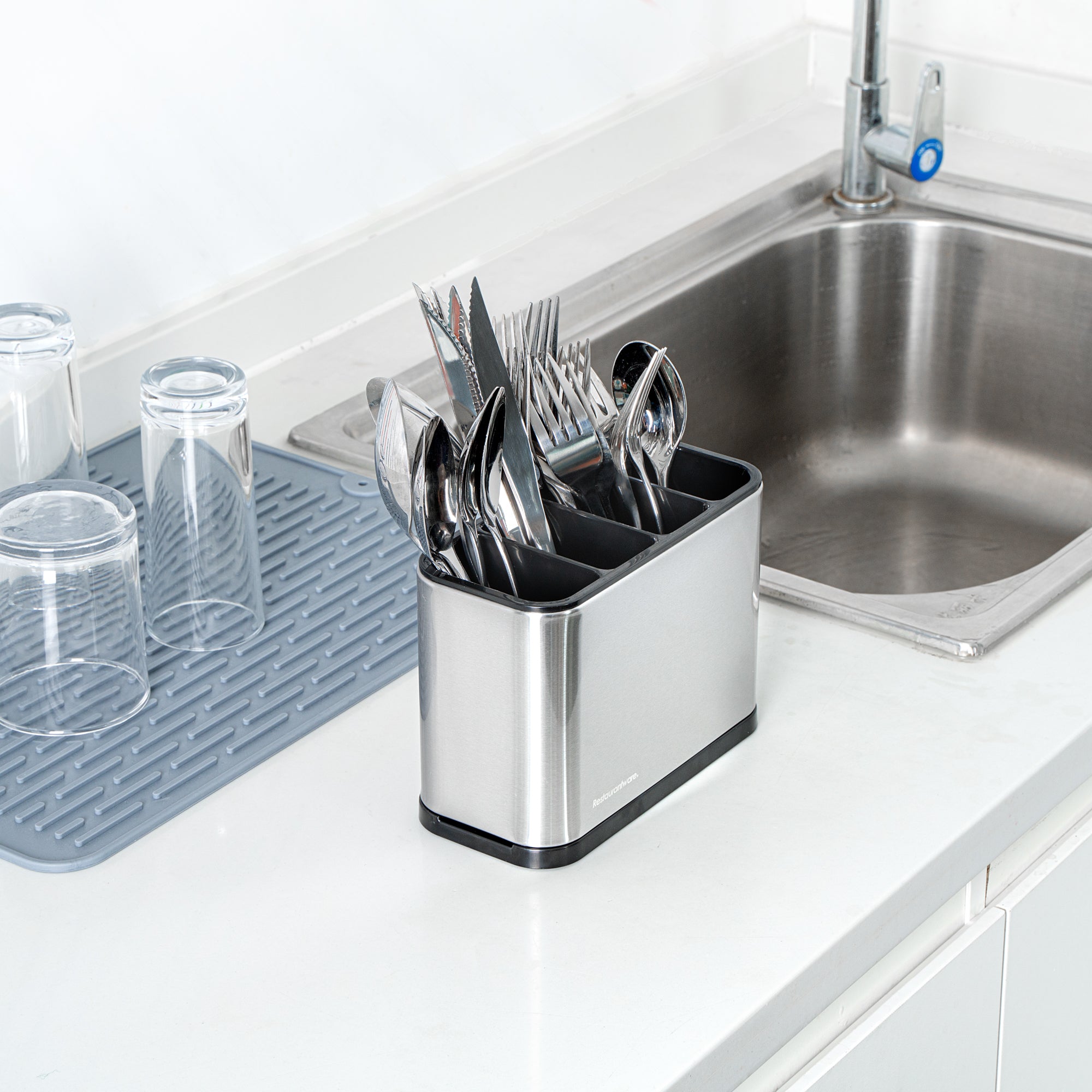 Met Lux Stainless Steel Flatware Organizer / Sink Caddy - 4 Compartments, with Drip Tray - 7" x 3 1/2" x 5" - 1 count box