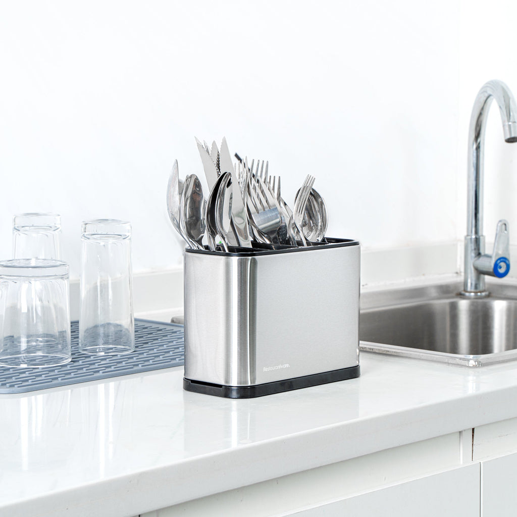 Met Lux Stainless Steel Flatware Organizer / Sink Caddy - 4 Compartments, with Drip Tray - 7" x 3 1/2" x 5" - 1 count box