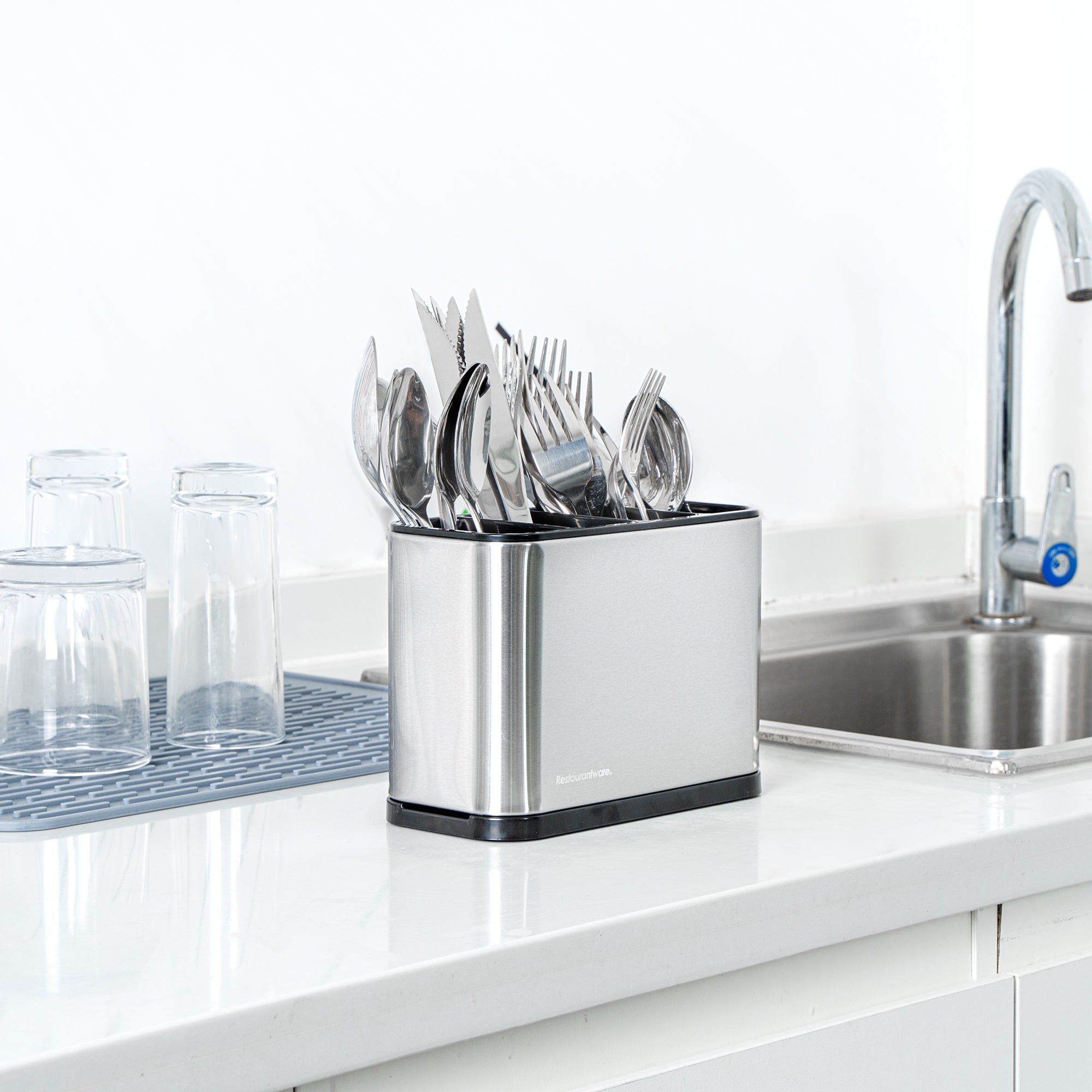 Met Lux Stainless Steel Flatware Organizer / Sink Caddy - 4 Compartments, with Drip Tray - 7" x 3 1/2" x 5" - 1 count box