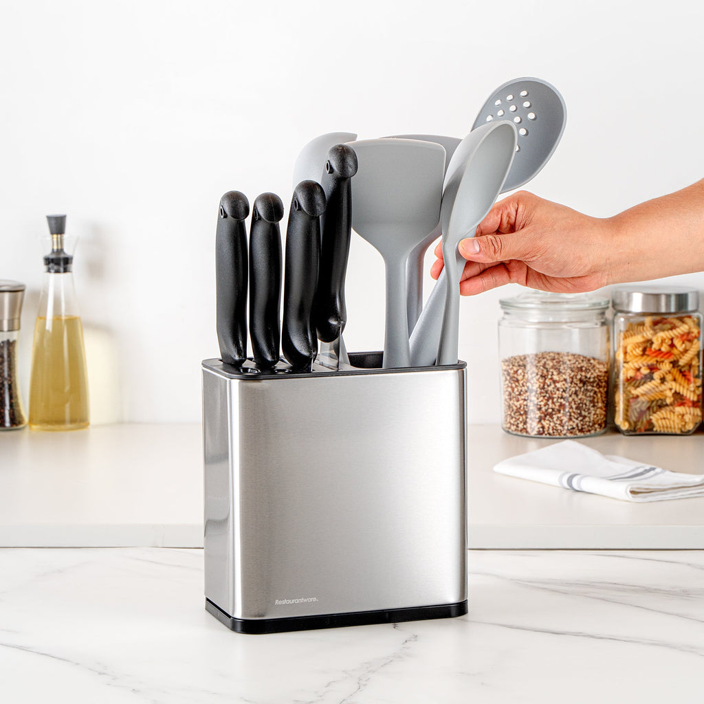 Met Lux Stainless Steel Knife and Utensil Holder - with Drip Tray - 7 3/4" x 4 3/4" x 7 3/4" - 1 count box