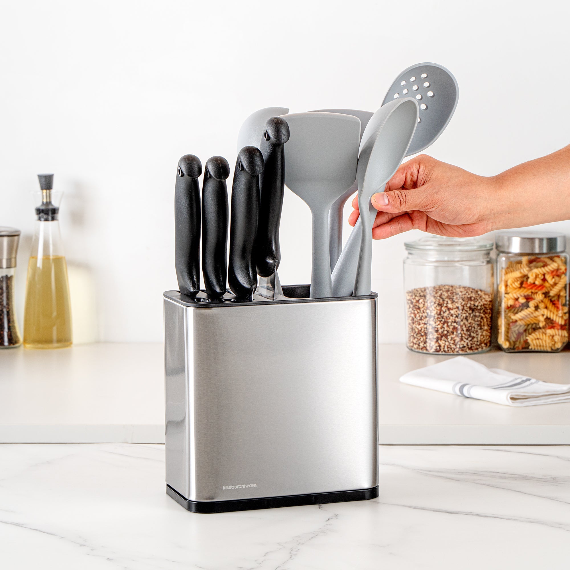 Met Lux Stainless Steel Knife and Utensil Holder - with Drip Tray - 7 3/4" x 4 3/4" x 7 3/4" - 1 count box