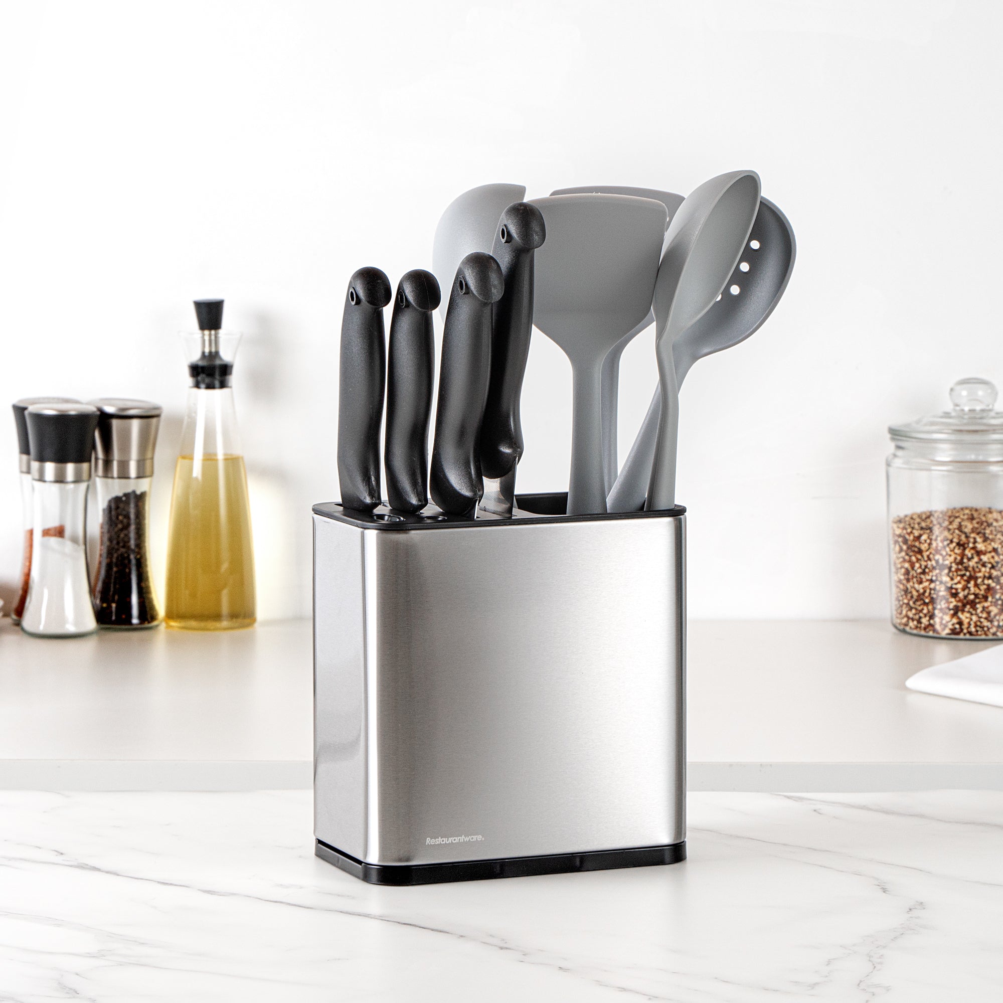 Met Lux Stainless Steel Knife and Utensil Holder - with Drip Tray - 7 3/4" x 4 3/4" x 7 3/4" - 1 count box