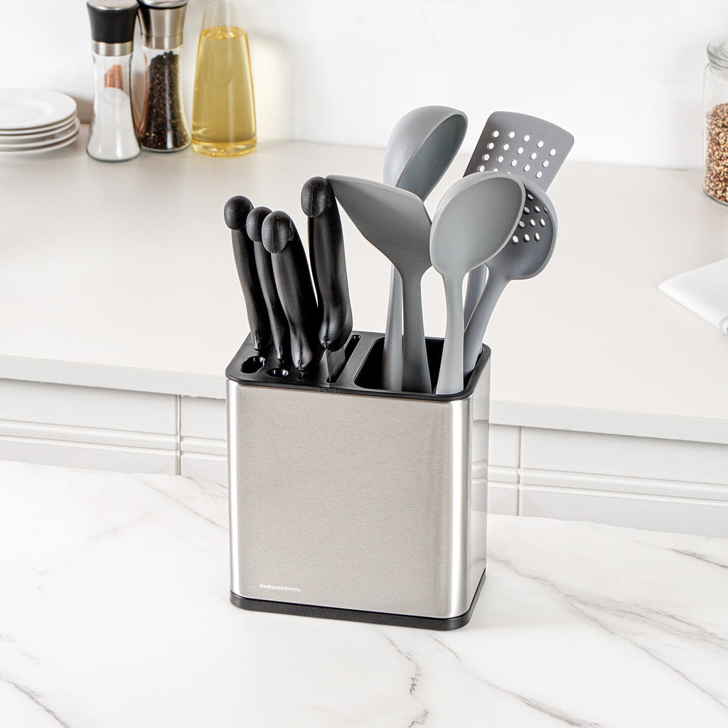 Met Lux Stainless Steel Knife and Utensil Holder - with Drip Tray - 7 3/4" x 4 3/4" x 7 3/4" - 1 count box