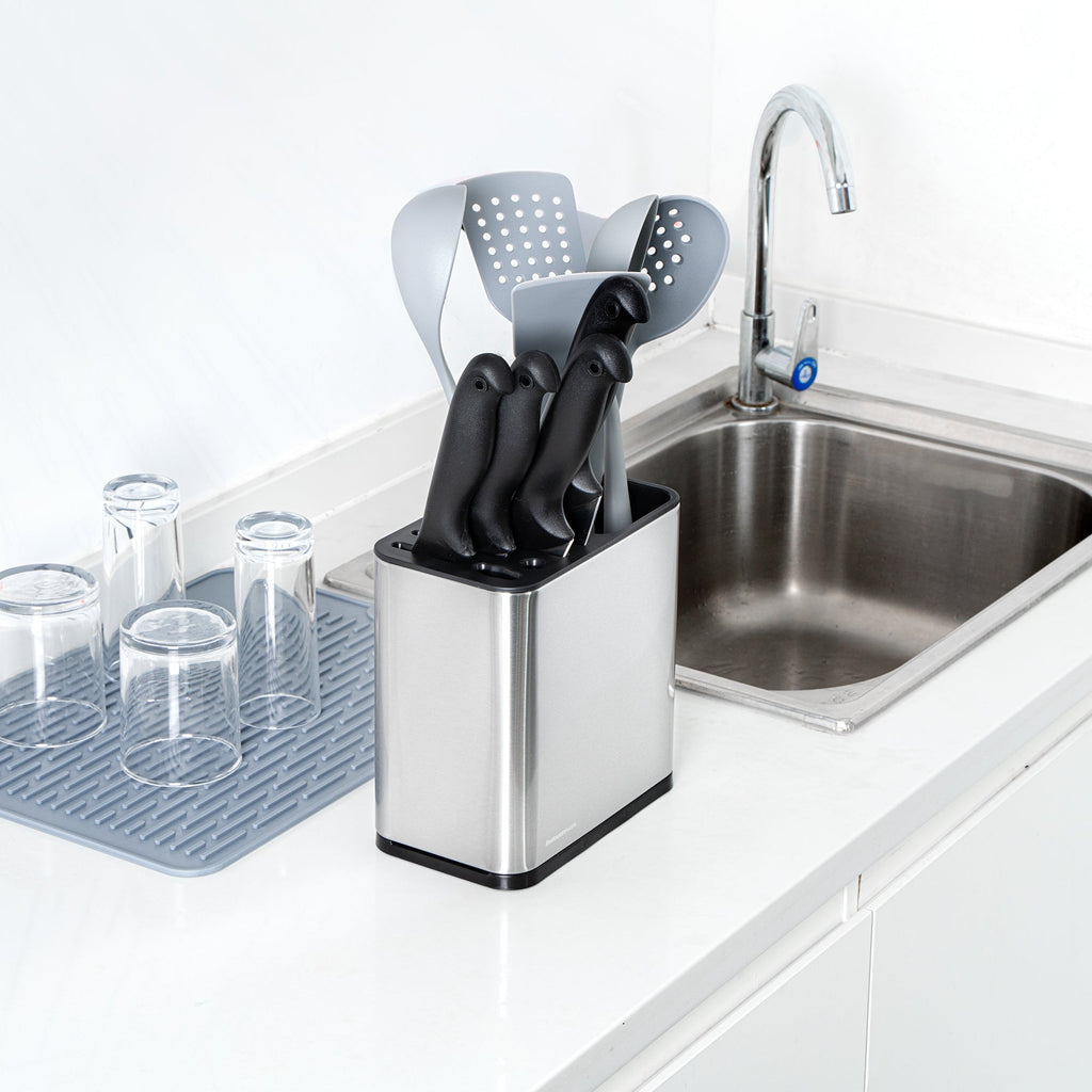 Met Lux Stainless Steel Knife and Utensil Holder - with Drip Tray - 7 3/4" x 4 3/4" x 7 3/4" - 1 count box