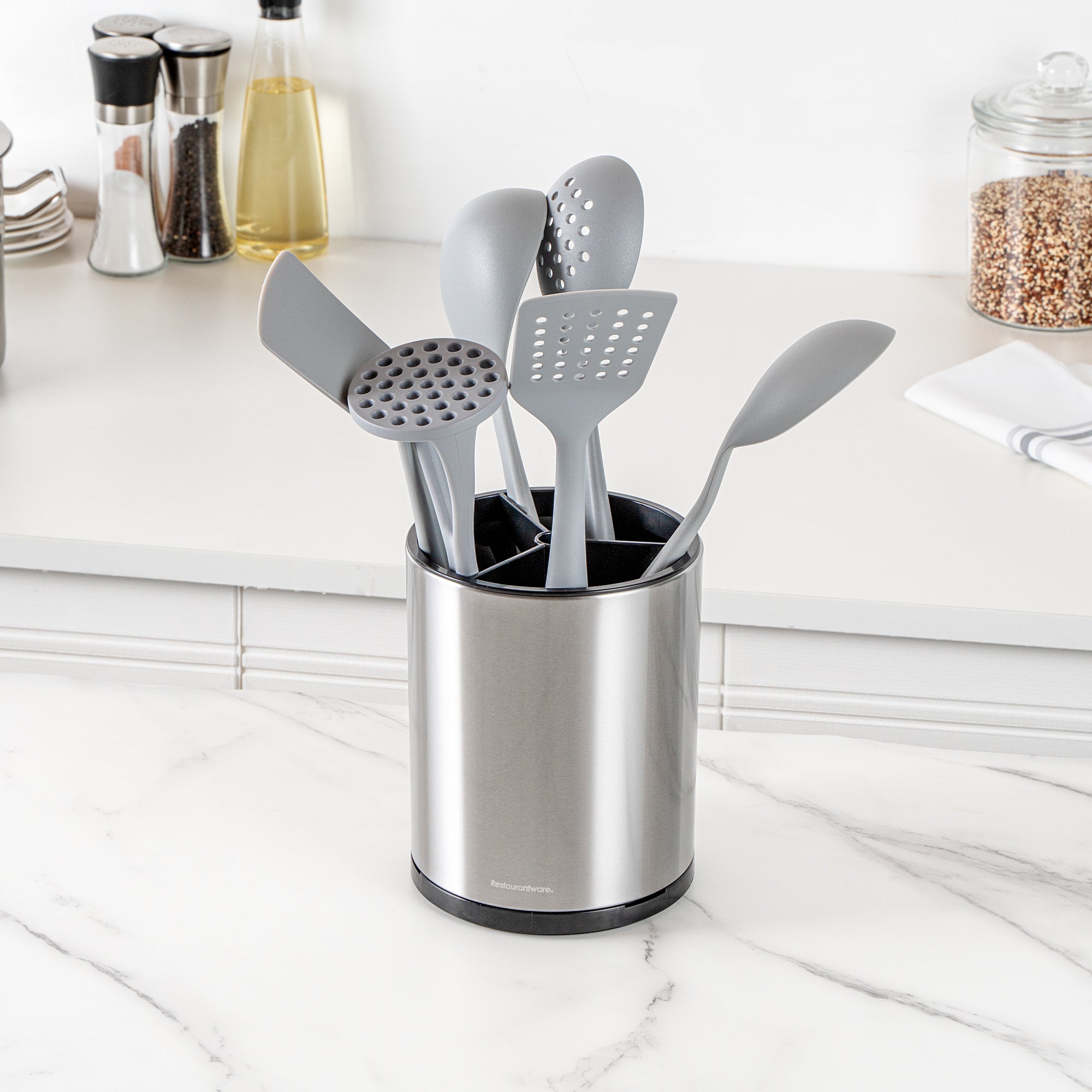 Met Lux Stainless Steel Utensil Holder - 3 Compartments, Rotating, with Drip Tray - 6 1/4" x 6 1/4" x 8" - 1 count box