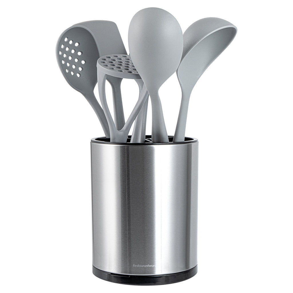 Met Lux Stainless Steel Utensil Holder - 3 Compartments, Rotating, with Drip Tray - 6 1/4" x 6 1/4" x 8" - 1 count box
