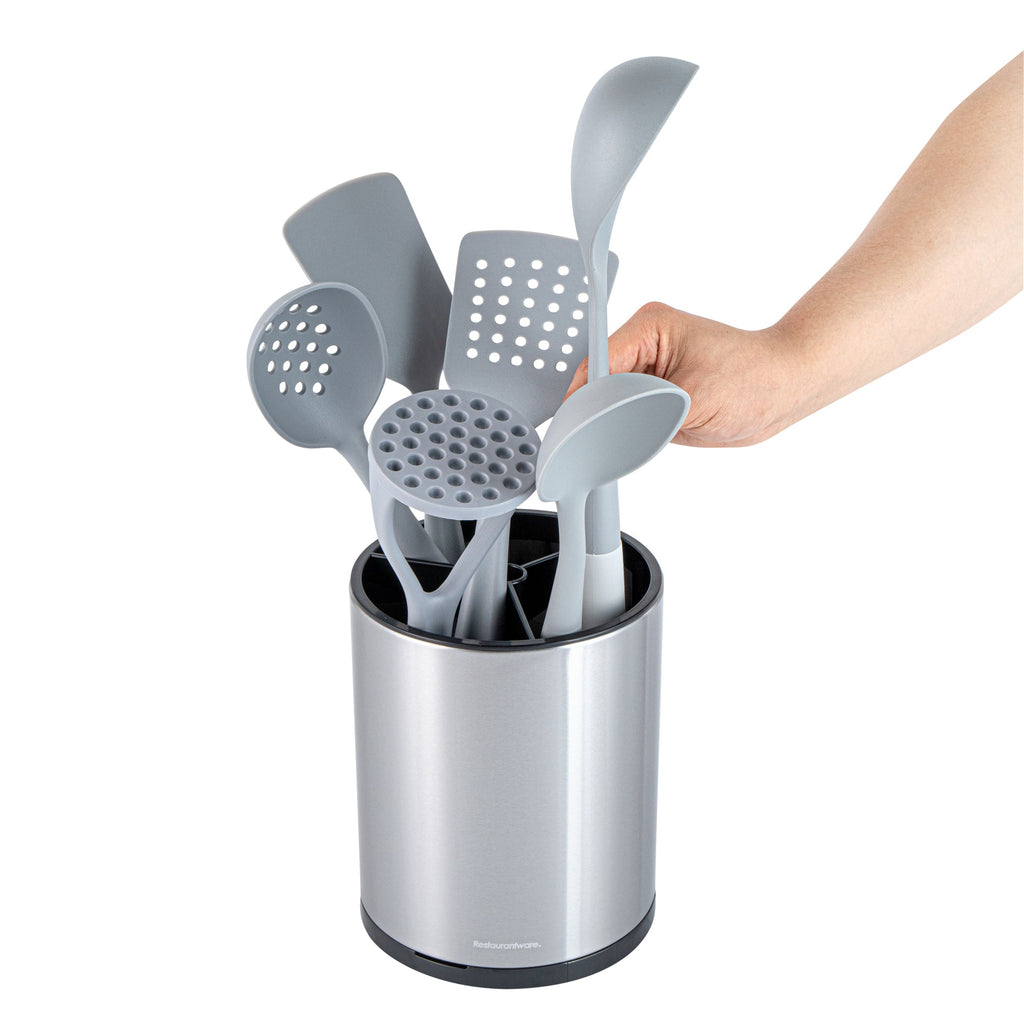 Met Lux Stainless Steel Utensil Holder - 3 Compartments, Rotating, with Drip Tray - 6 1/4" x 6 1/4" x 8" - 1 count box