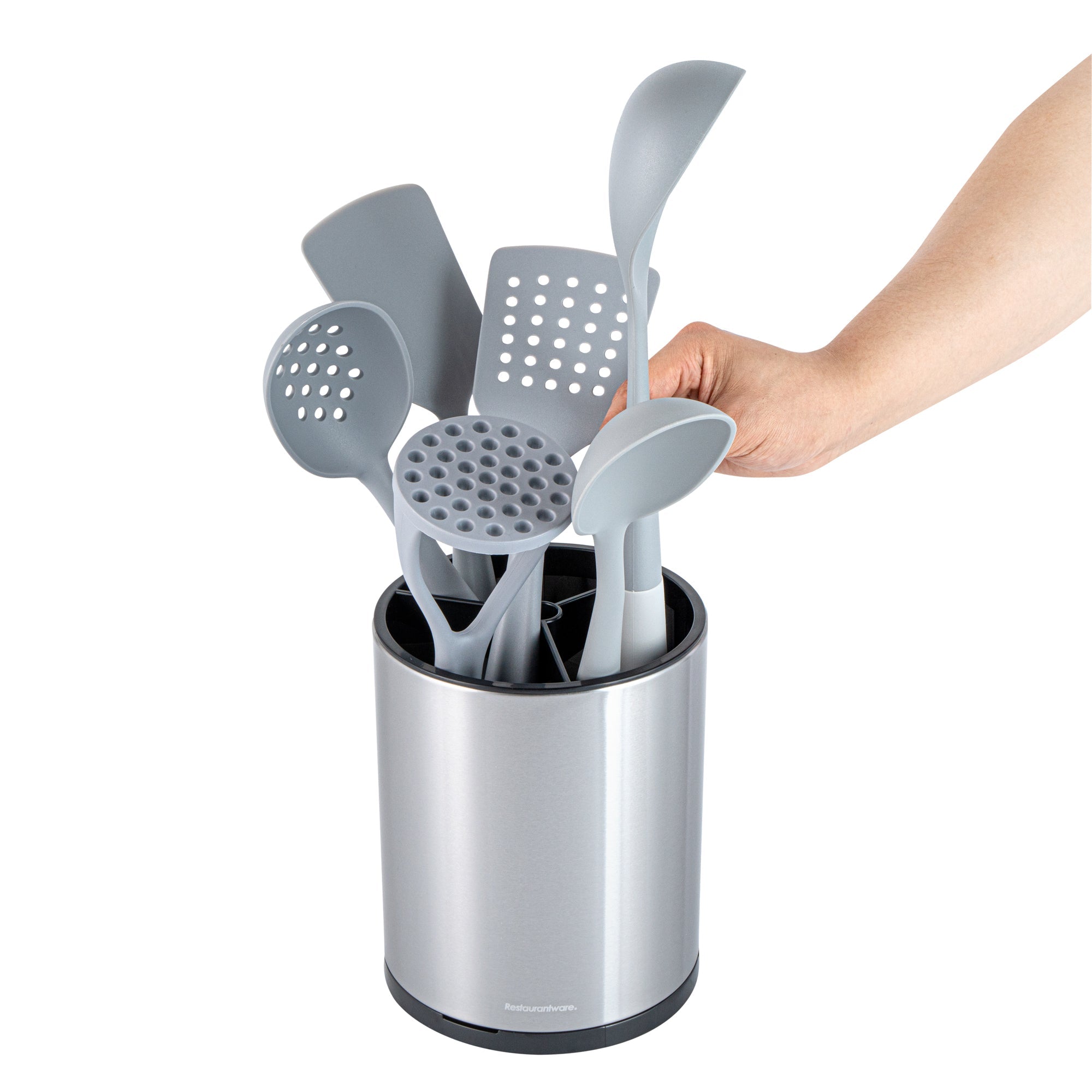 Met Lux Stainless Steel Utensil Holder - 3 Compartments, Rotating, with Drip Tray - 6 1/4" x 6 1/4" x 8" - 1 count box