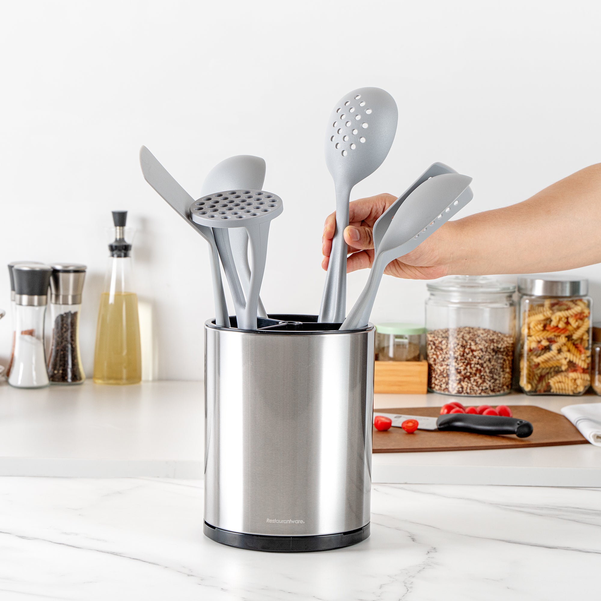 Met Lux Stainless Steel Utensil Holder - 3 Compartments, Rotating, with Drip Tray - 6 1/4" x 6 1/4" x 8" - 1 count box