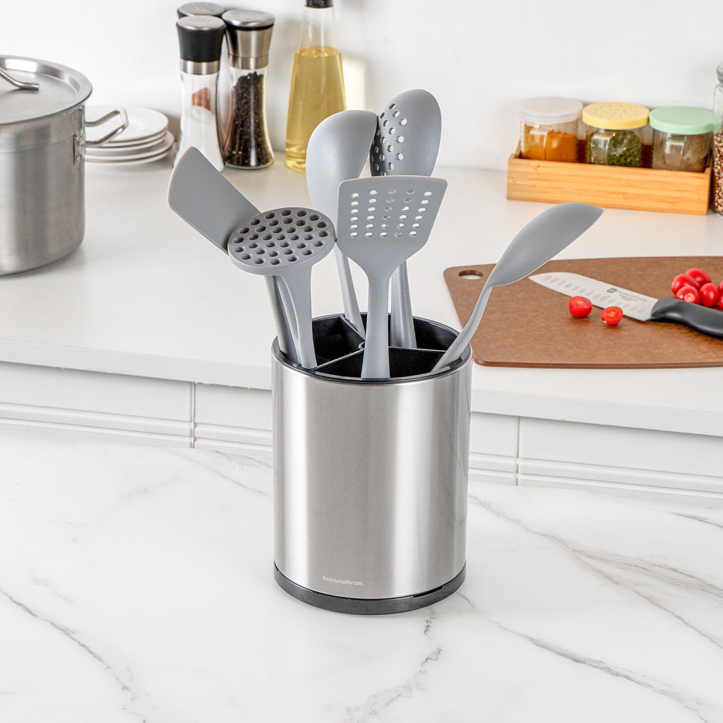 Met Lux Stainless Steel Utensil Holder - 3 Compartments, Rotating, with Drip Tray - 6 1/4" x 6 1/4" x 8" - 1 count box