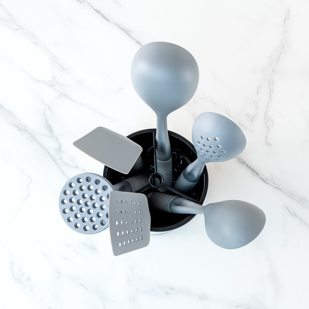 Met Lux Stainless Steel Utensil Holder - 3 Compartments, Rotating, with Drip Tray - 6 1/4" x 6 1/4" x 8" - 1 count box
