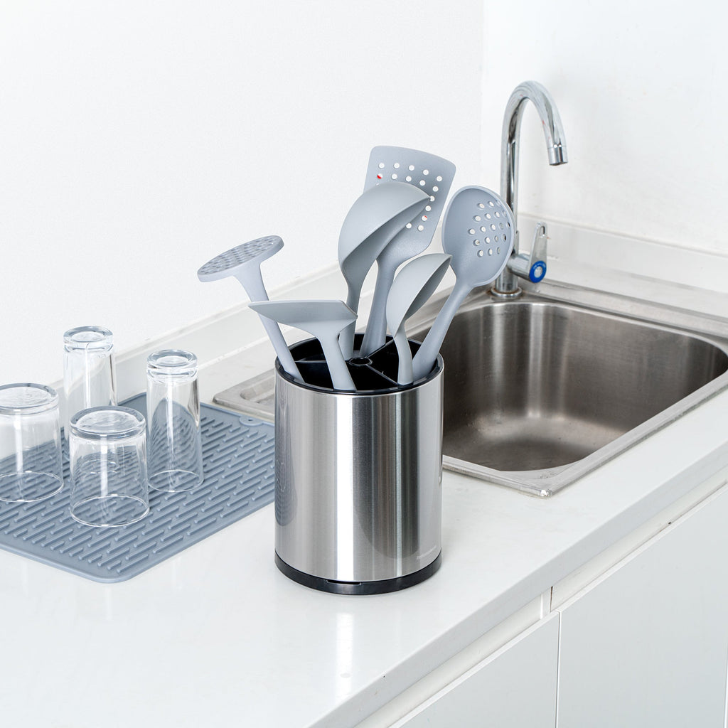 Met Lux Stainless Steel Utensil Holder - 3 Compartments, Rotating, with Drip Tray - 6 1/4" x 6 1/4" x 8" - 1 count box