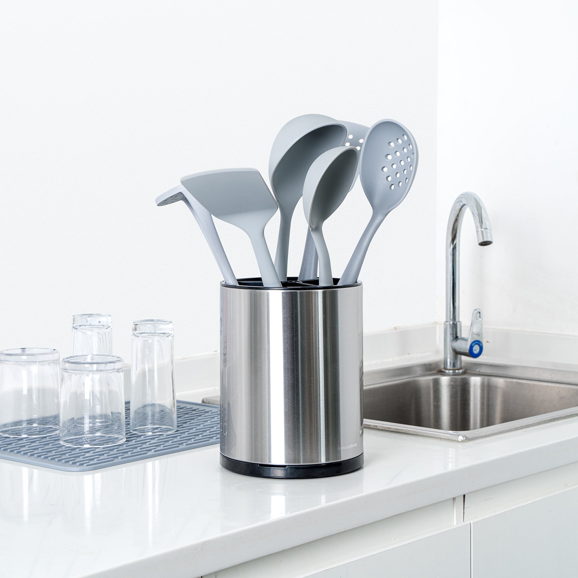 Met Lux Stainless Steel Utensil Holder - 3 Compartments, Rotating, with Drip Tray - 6 1/4" x 6 1/4" x 8" - 1 count box