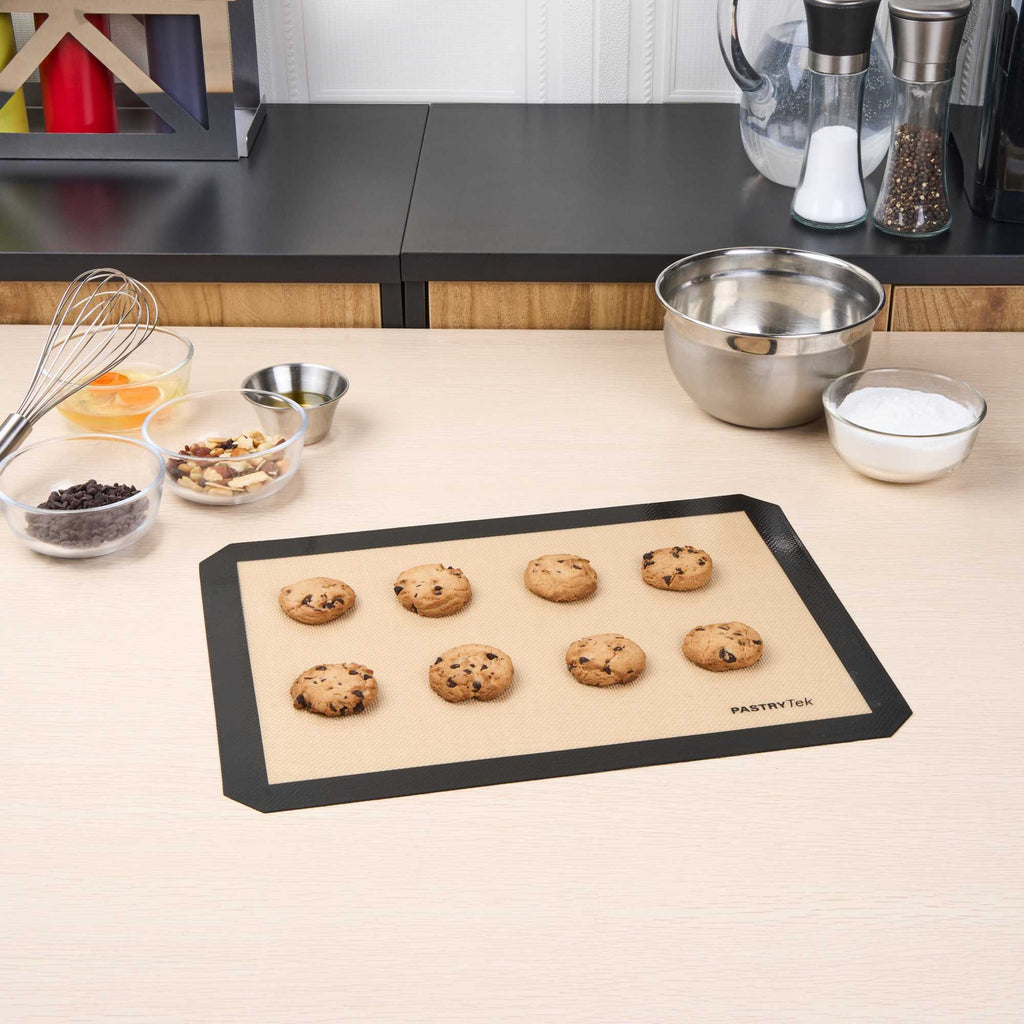 Pastry Tek Rectangle Tan and Black Silicone Half Size Baking Mat - Ultra Durable - 11 3/4" x 15 3/4" - 1 count box