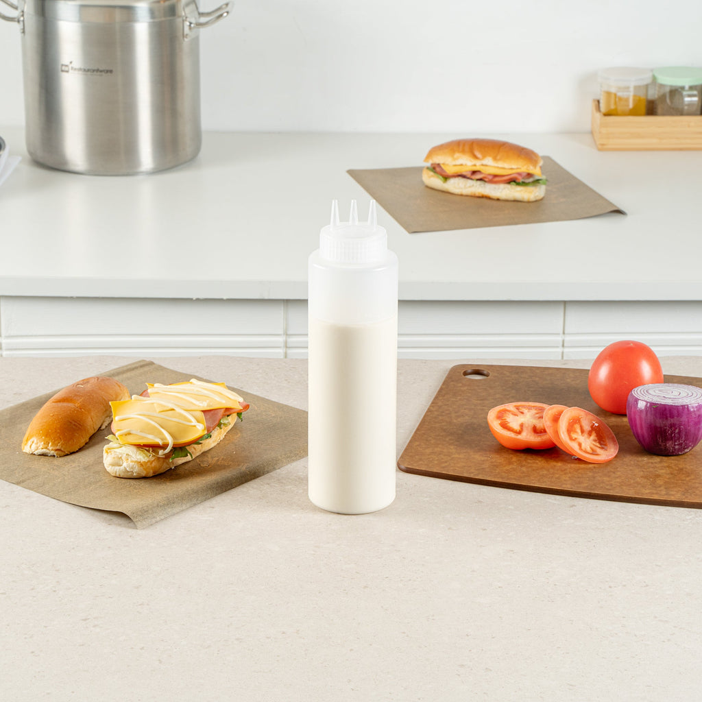 Sauce Tek 32 oz Clear Plastic All-Purpose Squeeze Bottle - with Triple Dispersion Tip - 6 count box