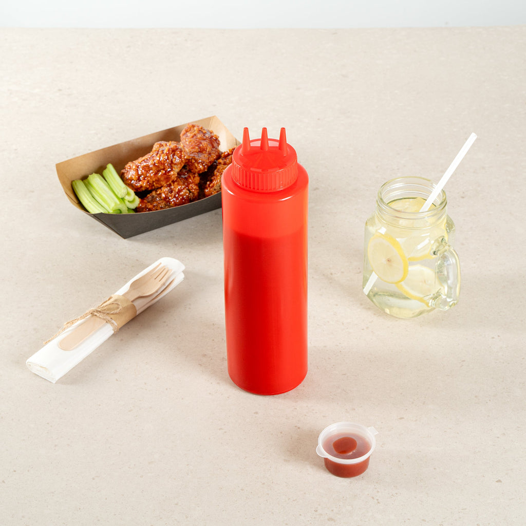 Sauce Tek 32 oz Red Plastic Ketchup Squeeze Bottle - with Triple Dispersion Tip - 6 count box