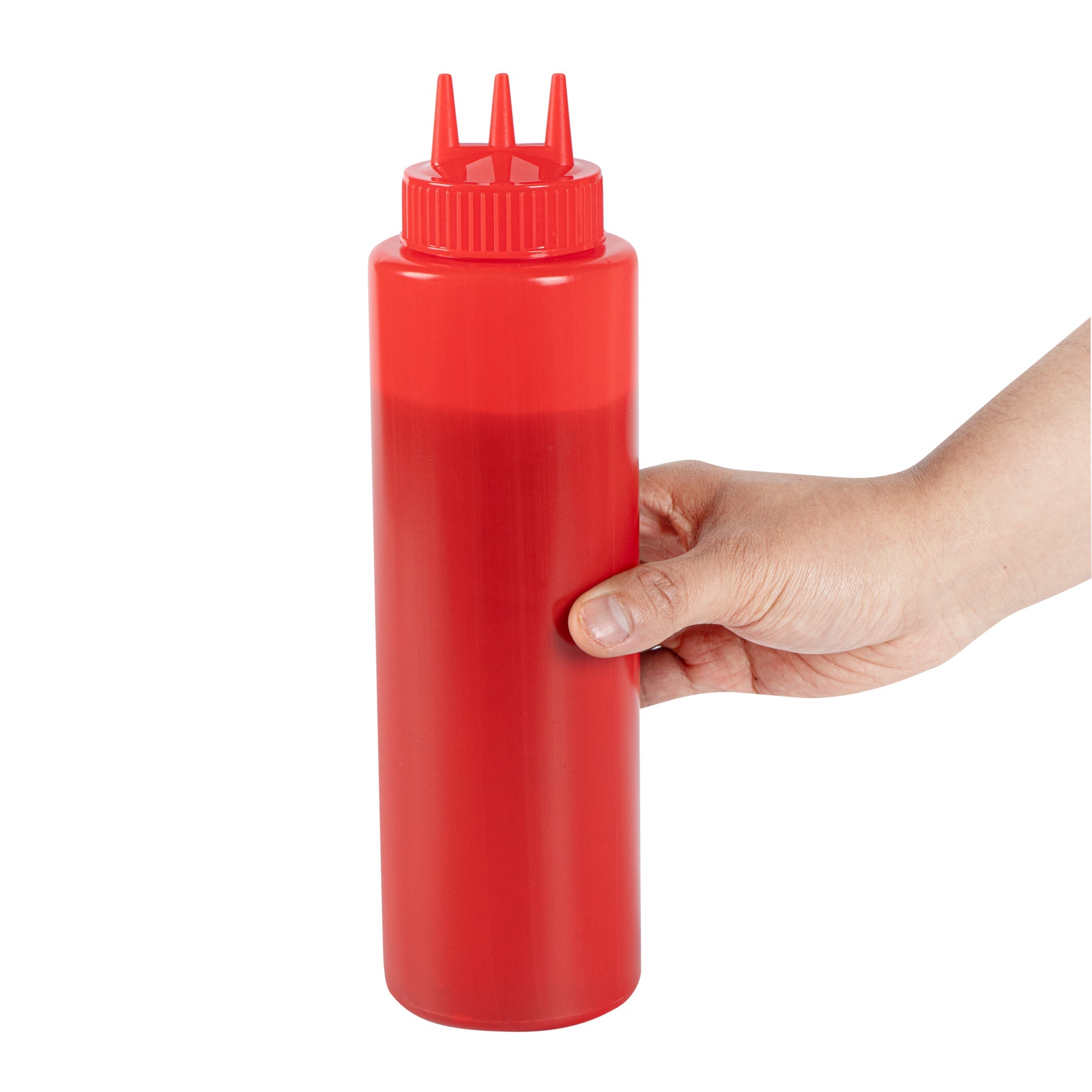 Sauce Tek 32 oz Red Plastic Ketchup Squeeze Bottle - with Triple Dispersion Tip - 6 count box