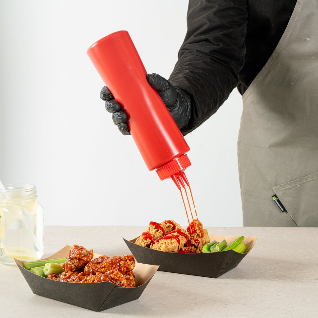Sauce Tek 32 oz Red Plastic Ketchup Squeeze Bottle - with Triple Dispersion Tip - 6 count box