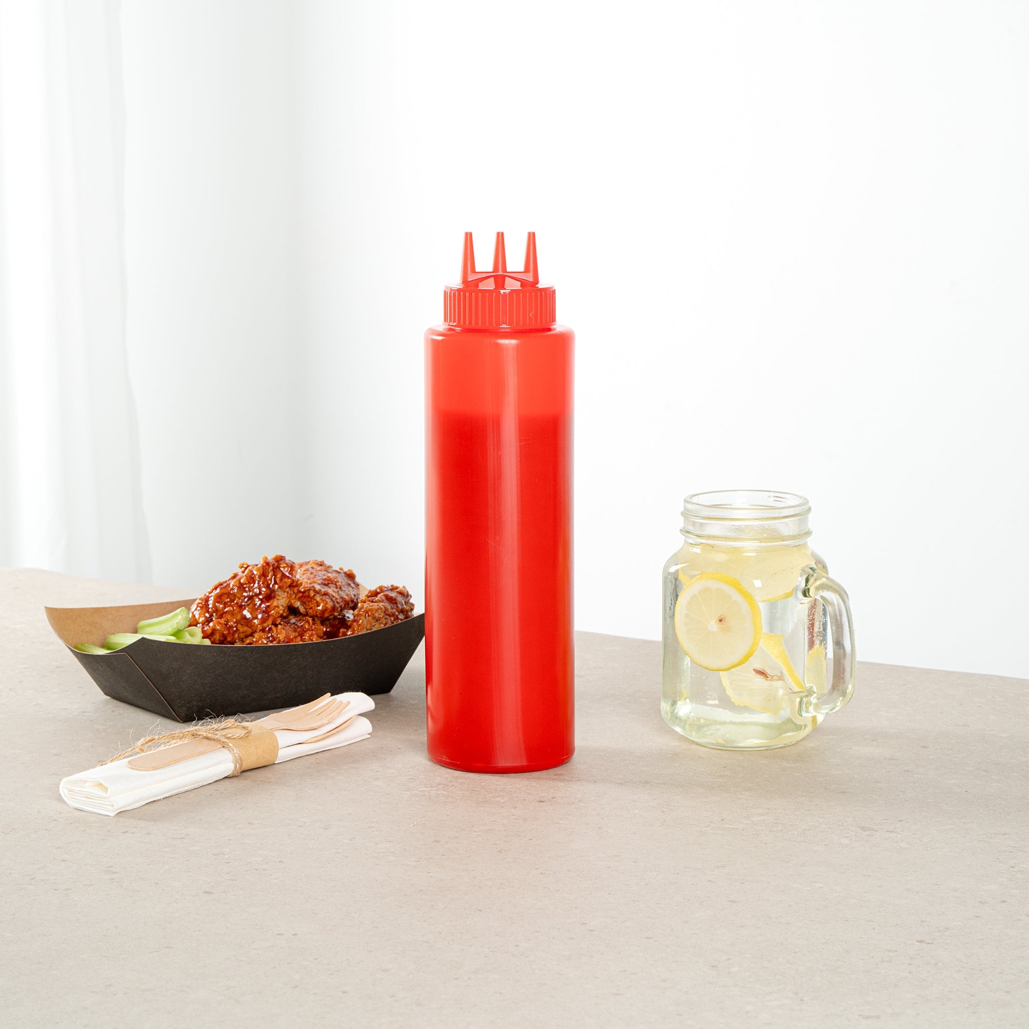 Sauce Tek 32 oz Red Plastic Ketchup Squeeze Bottle - with Triple Dispersion Tip - 6 count box