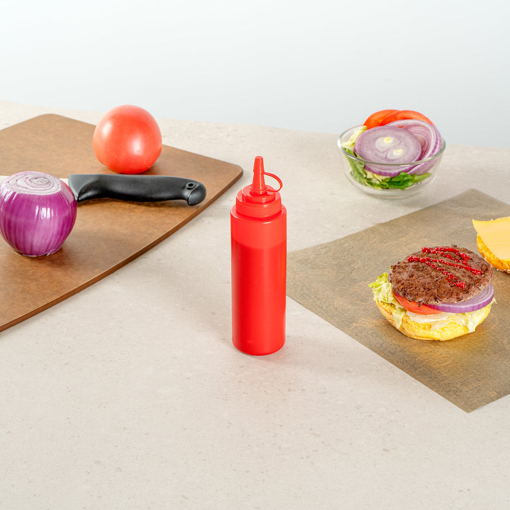 Sauce Tek 8 oz Red Plastic Squeeze Bottle - with Cap, Wide Mouth - 2" x 2" x 7 1/4" - 1 count box