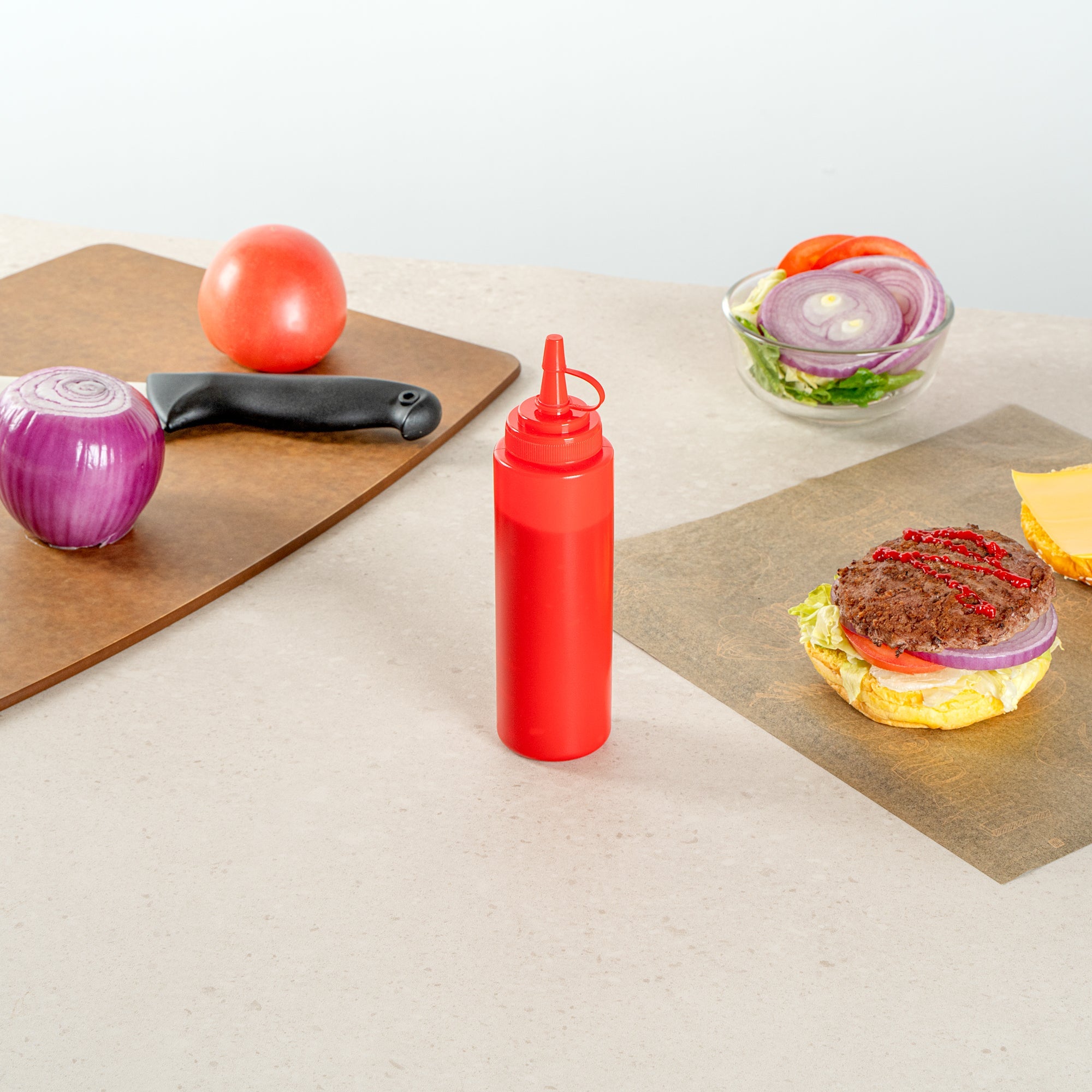 Sauce Tek 8 oz Red Plastic Squeeze Bottle - with Cap, Wide Mouth - 2" x 2" x 7 1/4" - 1 count box