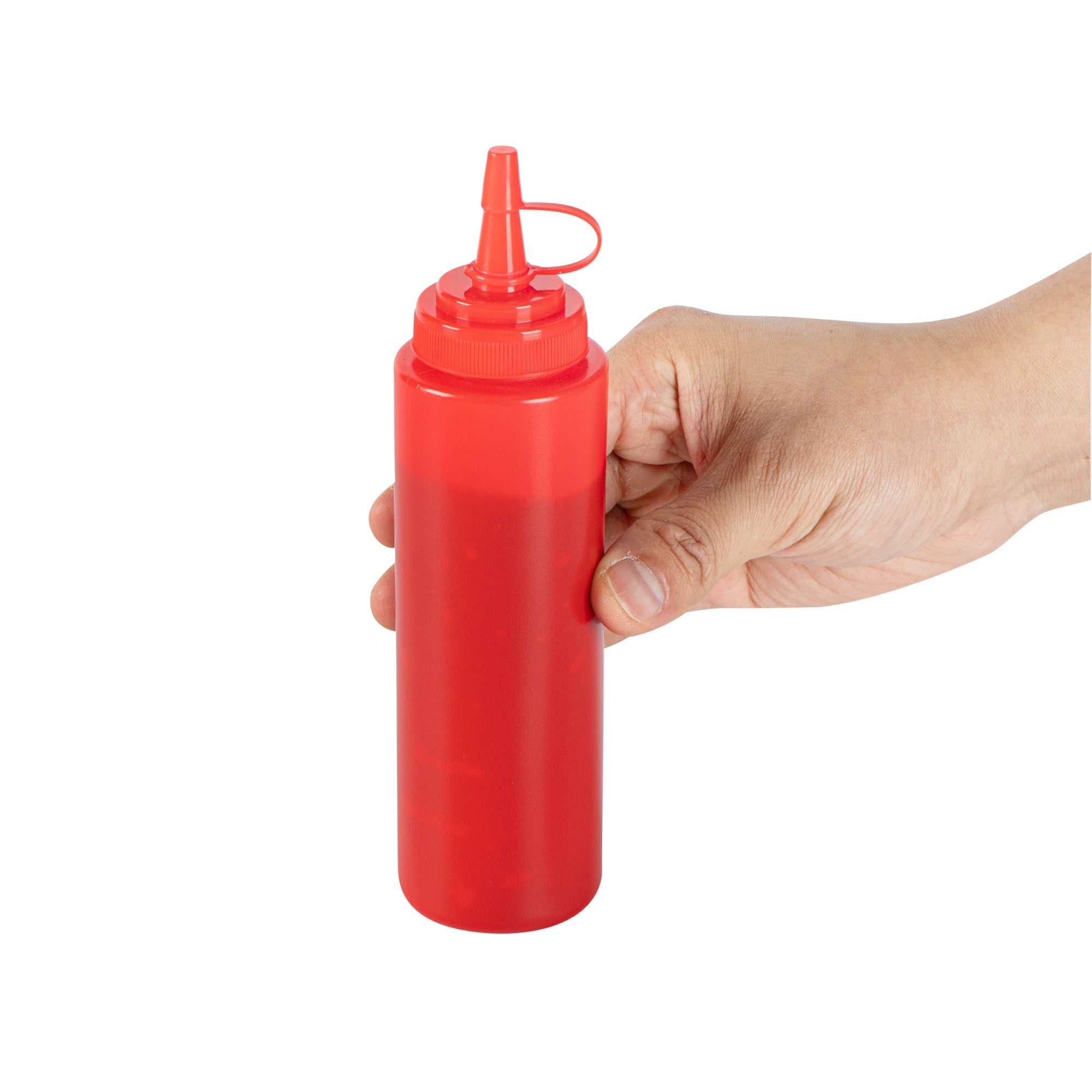 Sauce Tek 8 oz Red Plastic Squeeze Bottle - with Cap, Wide Mouth - 2" x 2" x 7 1/4" - 1 count box