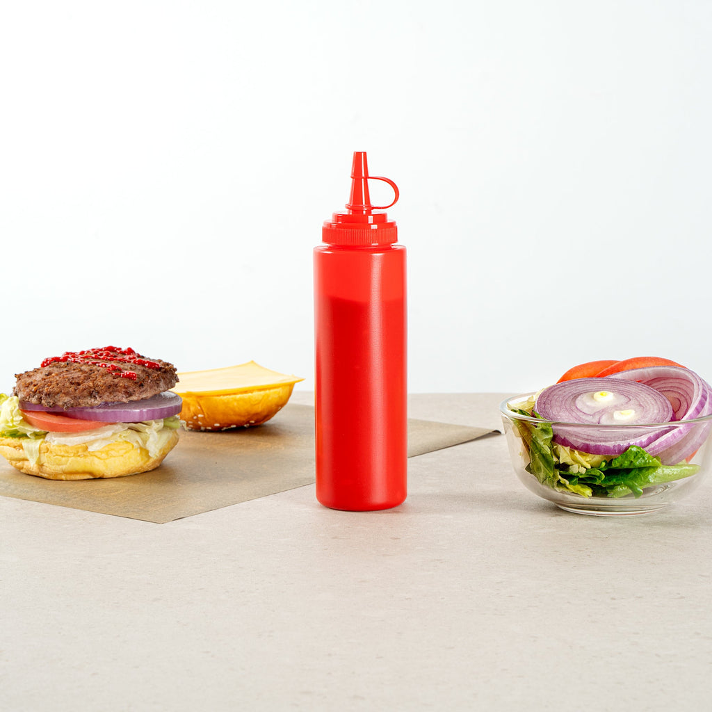 Sauce Tek 8 oz Red Plastic Squeeze Bottle - with Cap, Wide Mouth - 2" x 2" x 7 1/4" - 1 count box