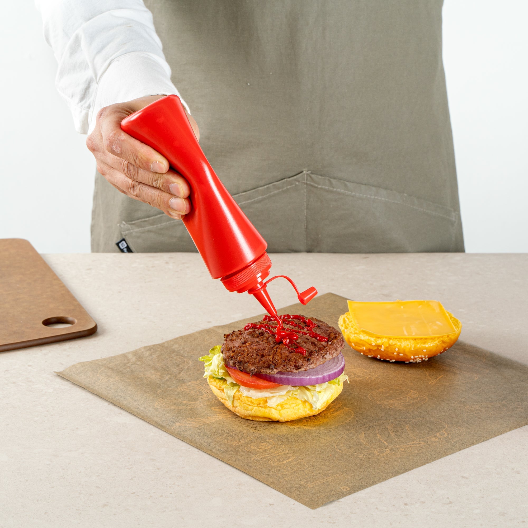 Sauce Tek 8 oz Red Plastic Squeeze Bottle - with Cap, Wide Mouth - 2" x 2" x 7 1/4" - 1 count box