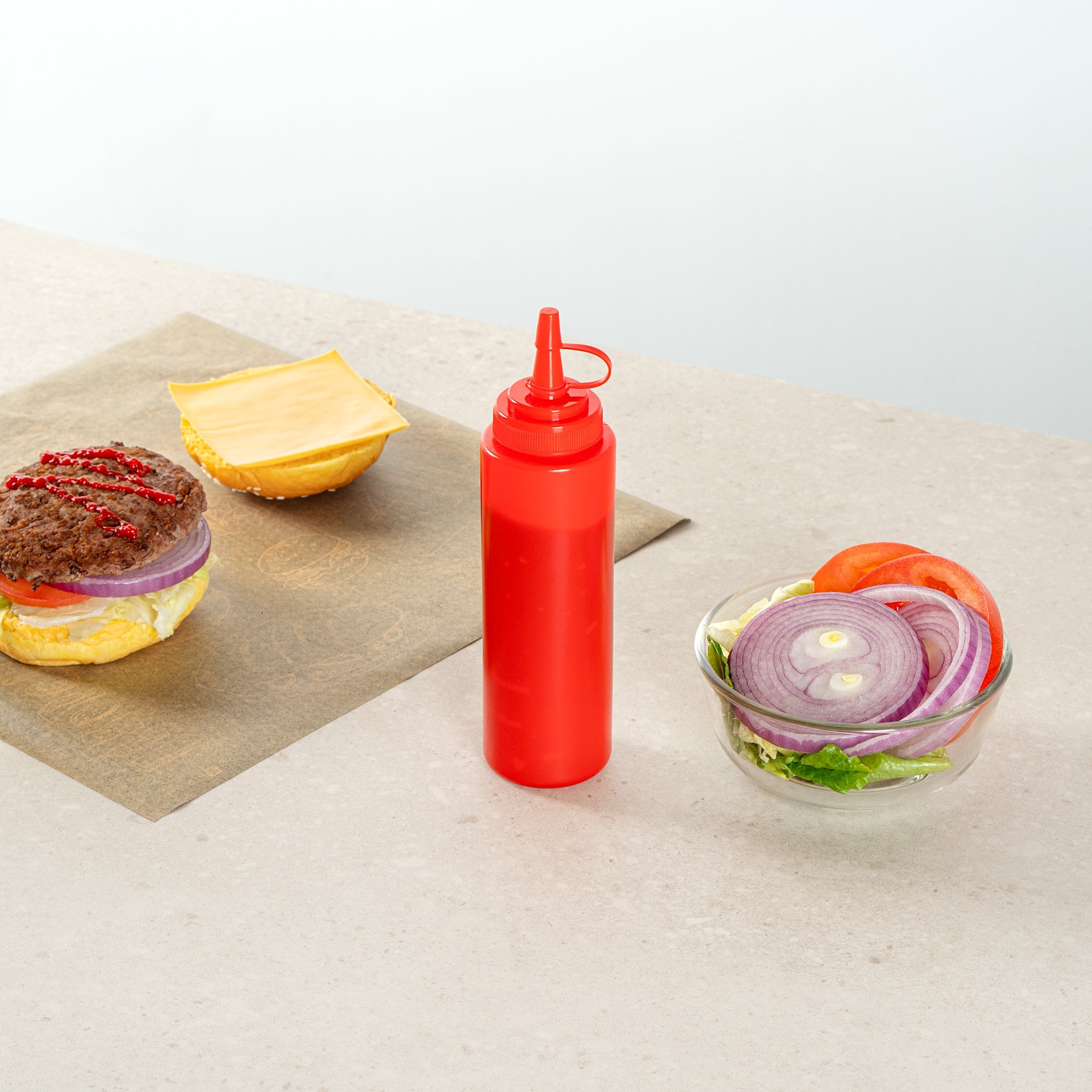 Sauce Tek 8 oz Red Plastic Squeeze Bottle - with Cap, Wide Mouth - 2" x 2" x 7 1/4" - 1 count box
